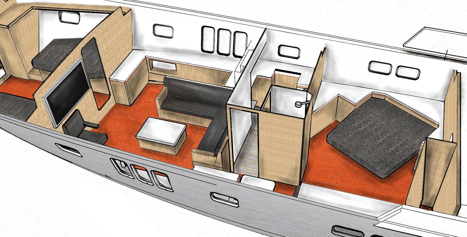 Interior layout of 2025 Deep Water Yachts Korvet 18 Long Range, featuring modern design and spacious living areas.