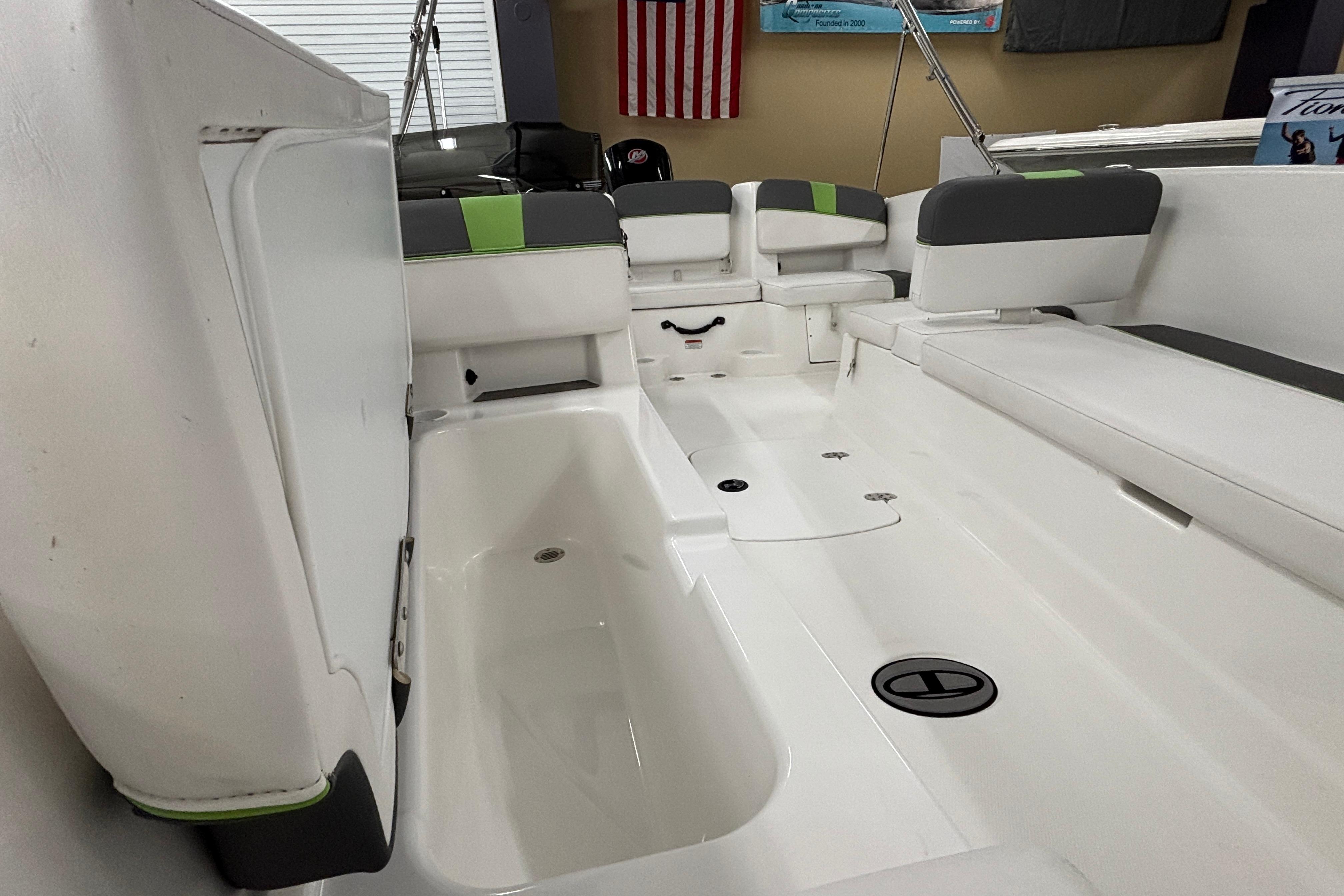 2024 Tahoe T18 boat interior with spacious seating and storage compartments.