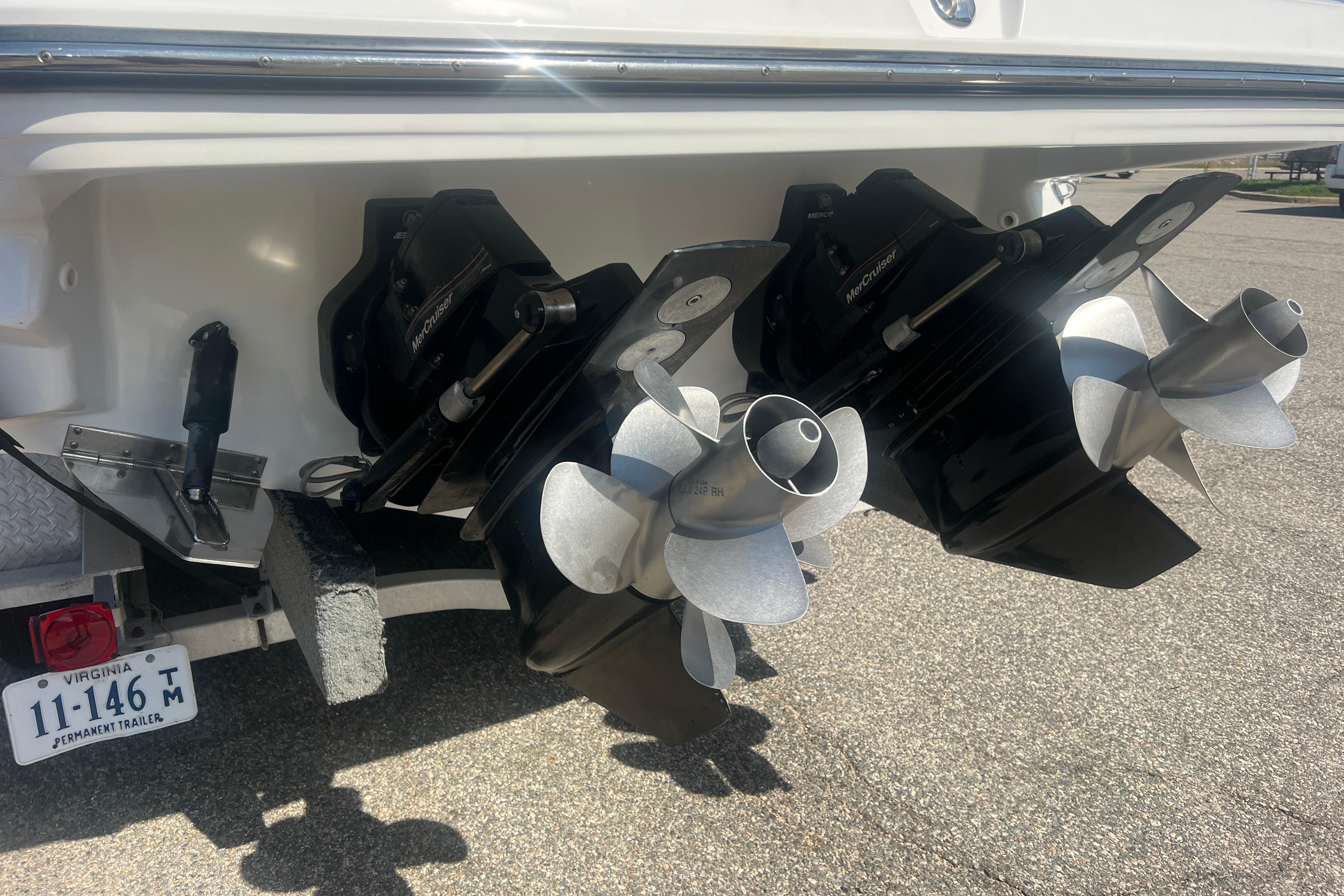 2017 Monterey 298SS Super Sport boat with dual propellers and Virginia trailer license plate.