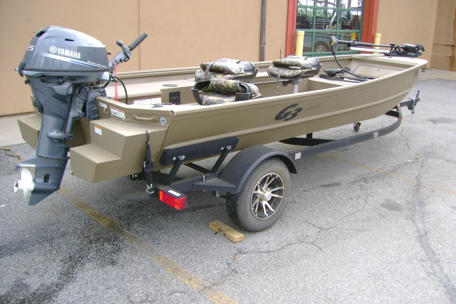 2023 G3 1652 DK boat on trailer with Yamaha outboard motor.