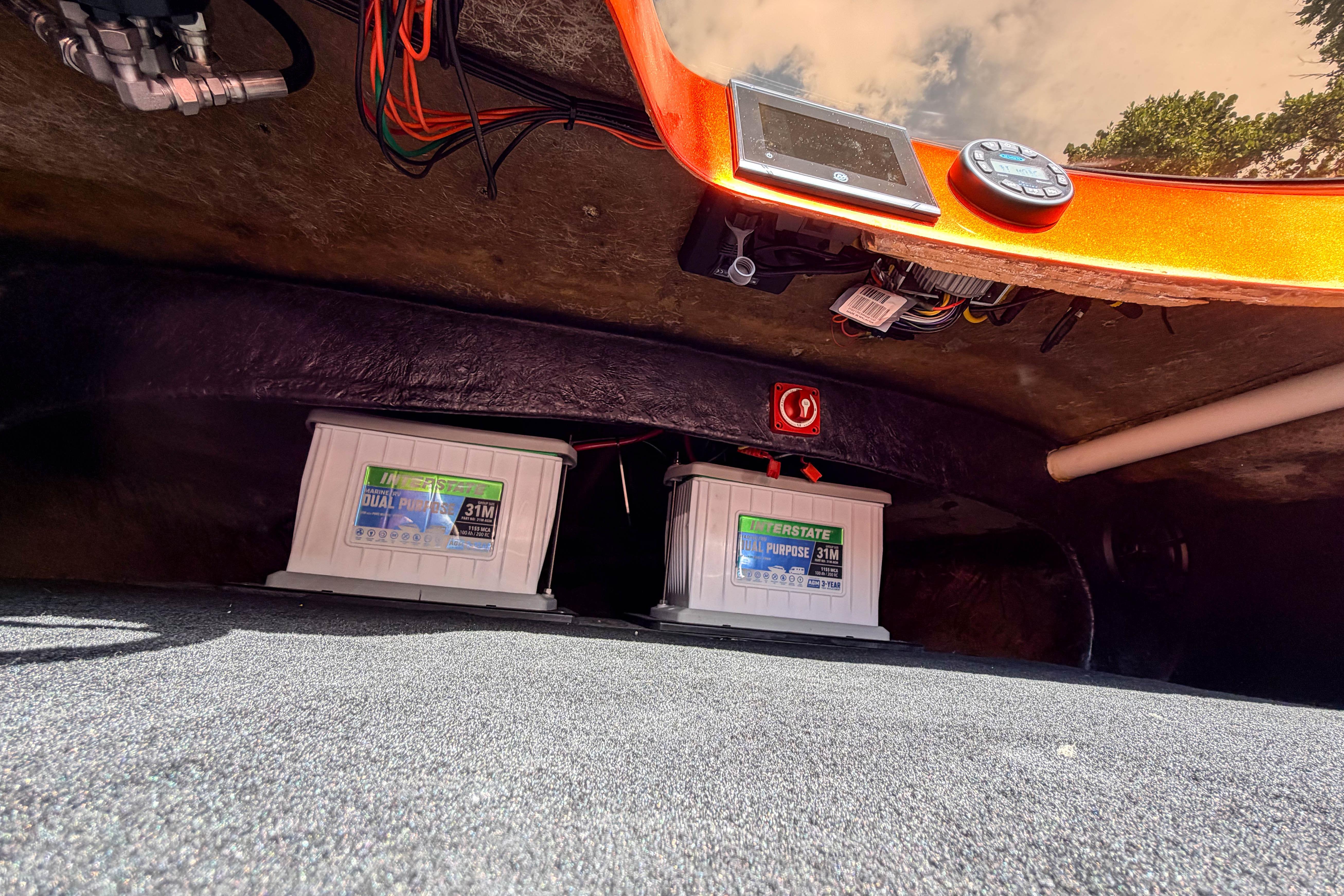 Under-deck view of 1984 Sleekcraft Aristocrat 20 with dual batteries and wiring.