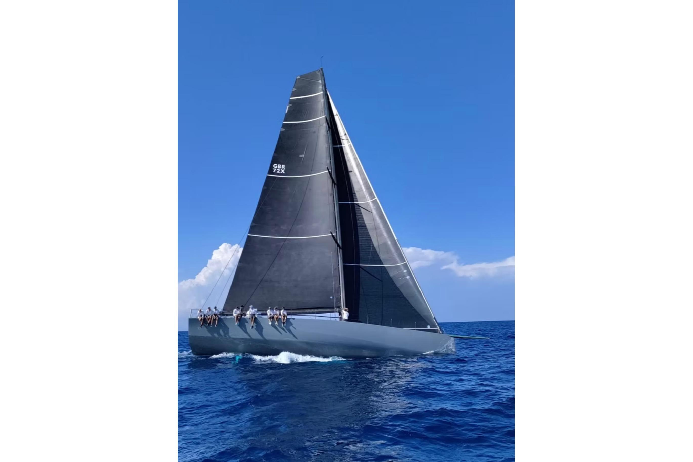 Sleek Judel and Vrolijk Maxi 72 yacht sailing on open sea, 2009 model.