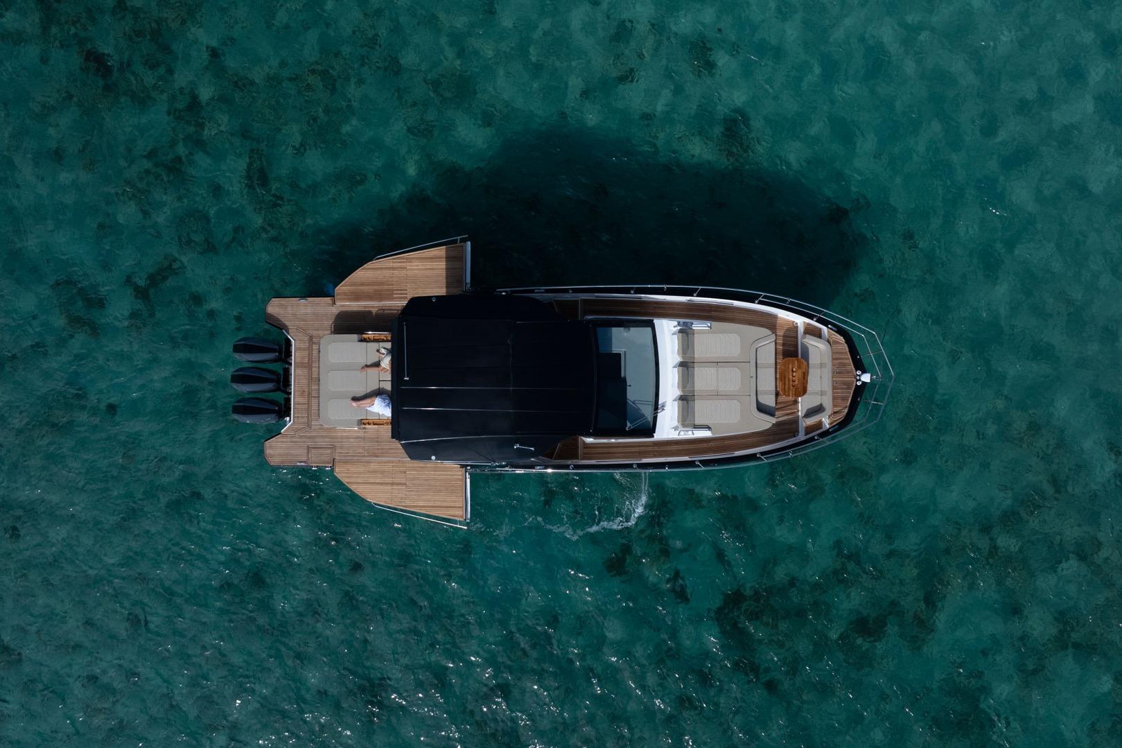 Aerial view of Hanover 447 yacht, 2026 model, on clear turquoise water.