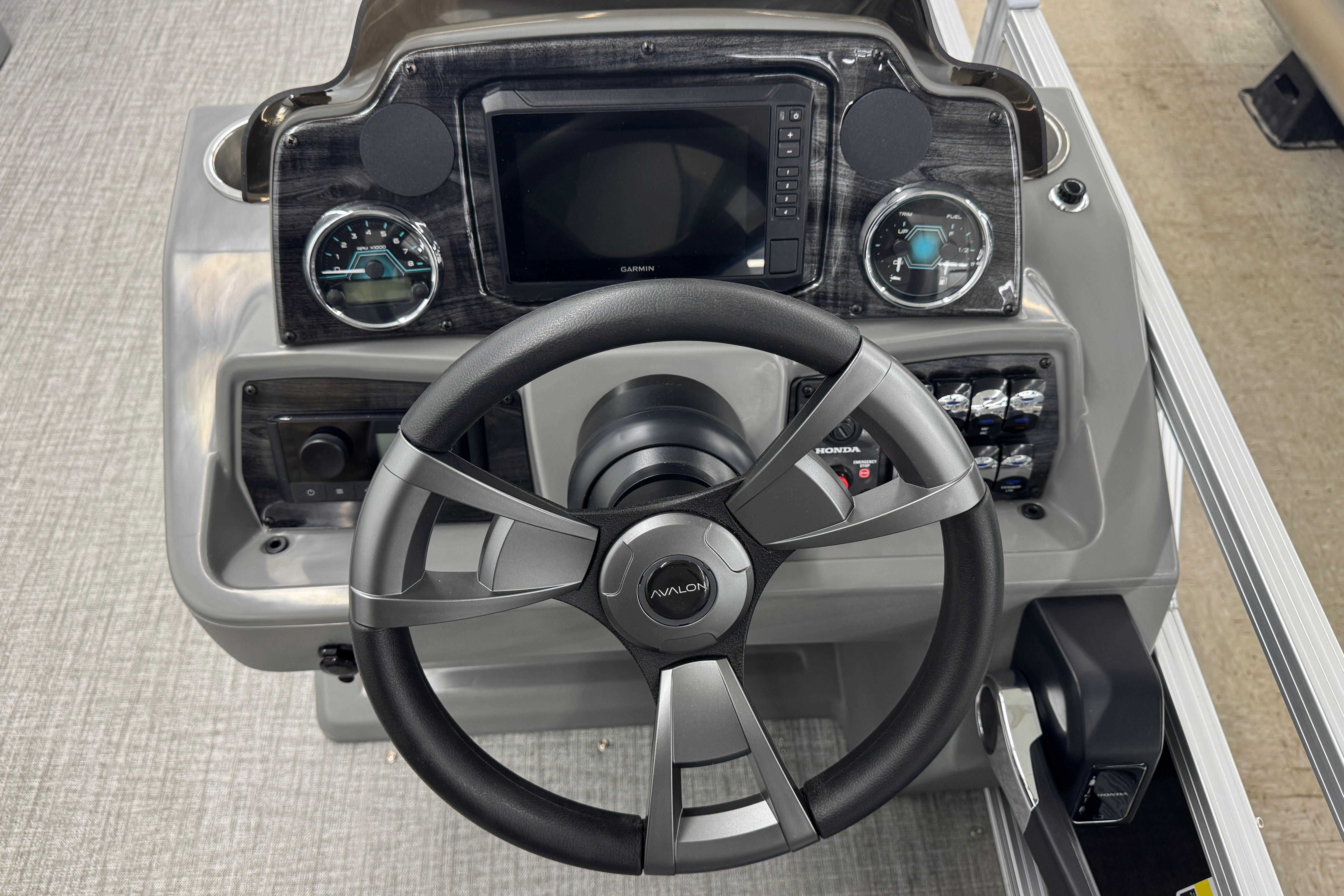 Steering console of 2026 Avalon Ventue 85 RF with modern controls and display.