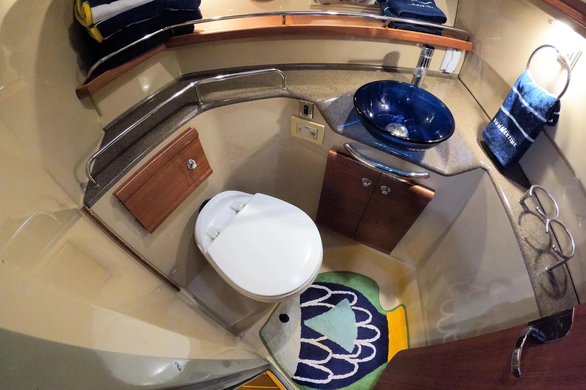 2015 Ranger Tugs R-29 S bathroom with modern sink, toilet, and colorful rug.