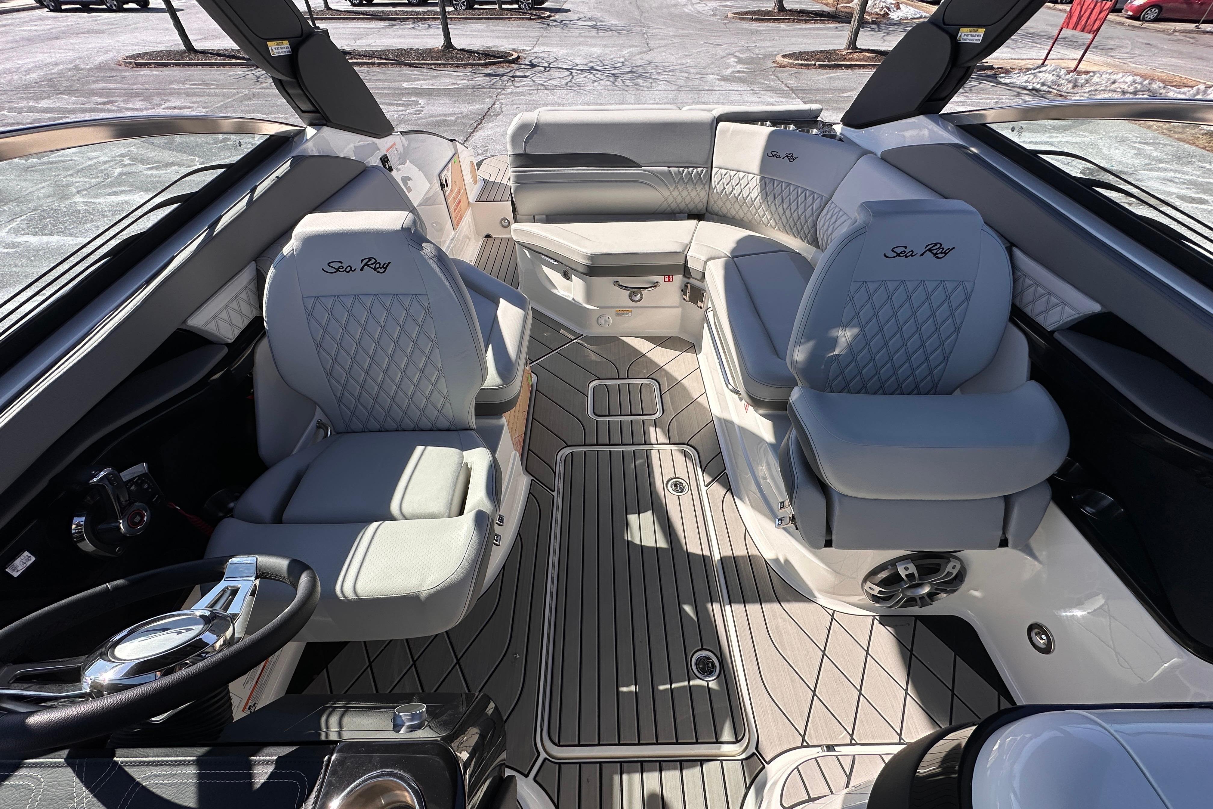 2026 Sea Ray SLX 260 Outboard interior with luxurious seating and modern design.
