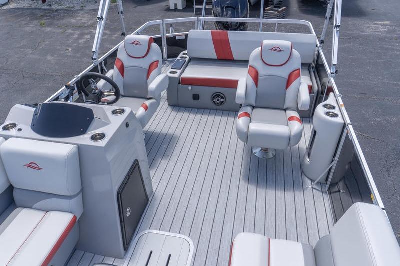 2026 SunCatcher Select 322SL pontoon boat interior with gray and red seating.