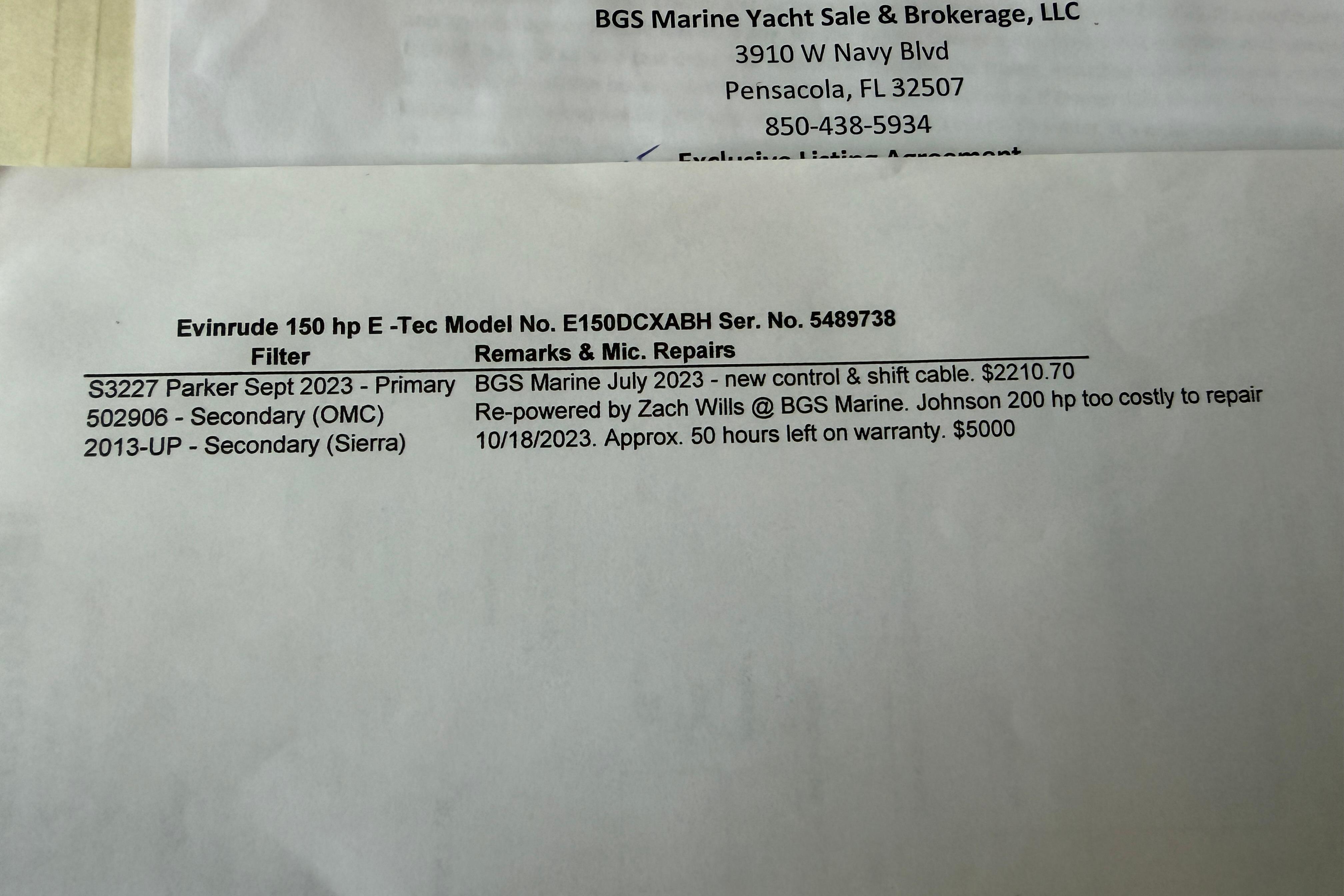 Document detailing repairs for a 1987 Grady-White Seafarer 22 boat.