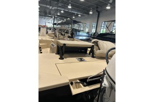 2026 G3 Bay 17 boat in showroom, featuring spacious deck and modern design.