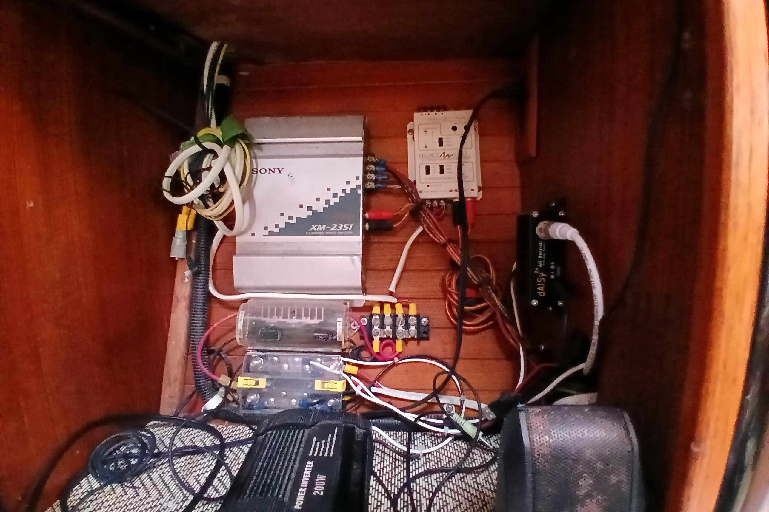 Electrical setup inside a 1995 Catalina 42 MkII sailboat, featuring wiring and components.