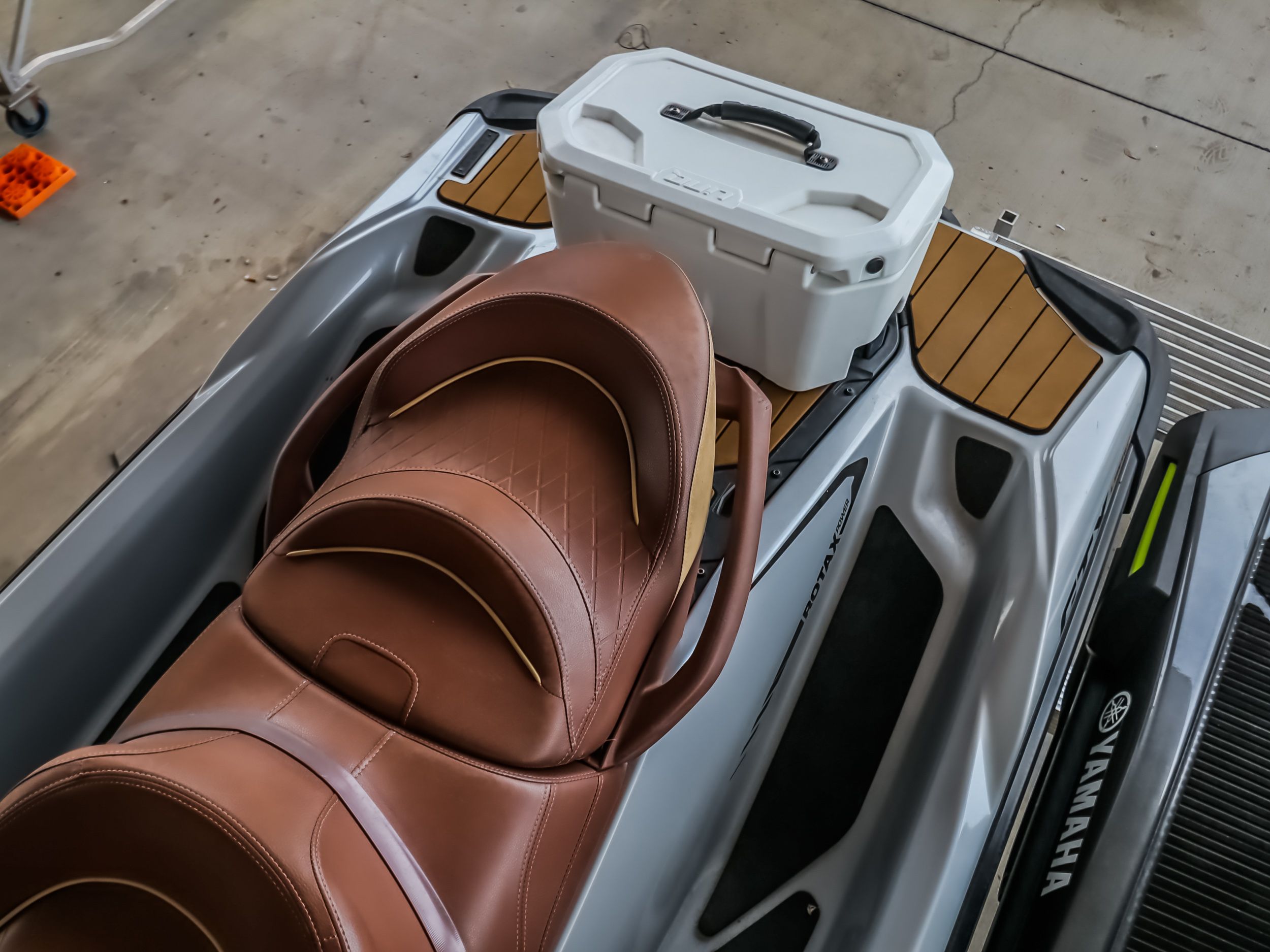 Sea-Doo GTX300 jet ski with brown seat and cooler, 2018 model.