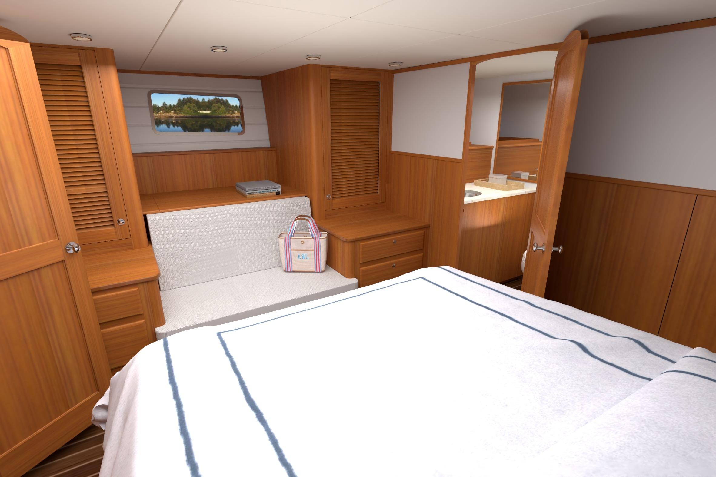 Luxurious cabin interior of 2027 Hunt Yachts 56 Ocean Express with wood paneling and cozy bedding.