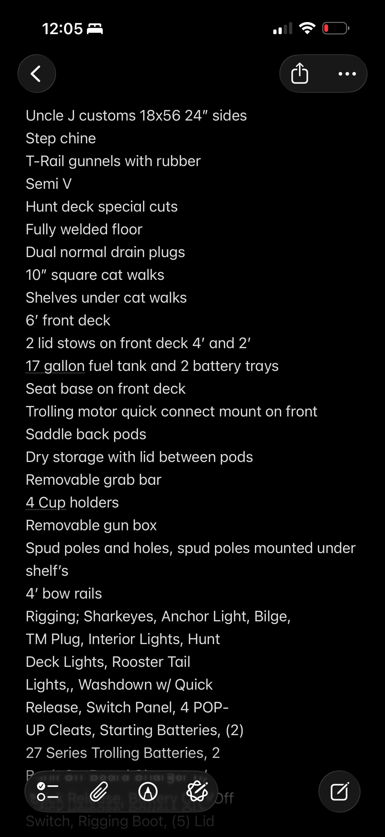 List of features for a custom boat, including storage and accessories.