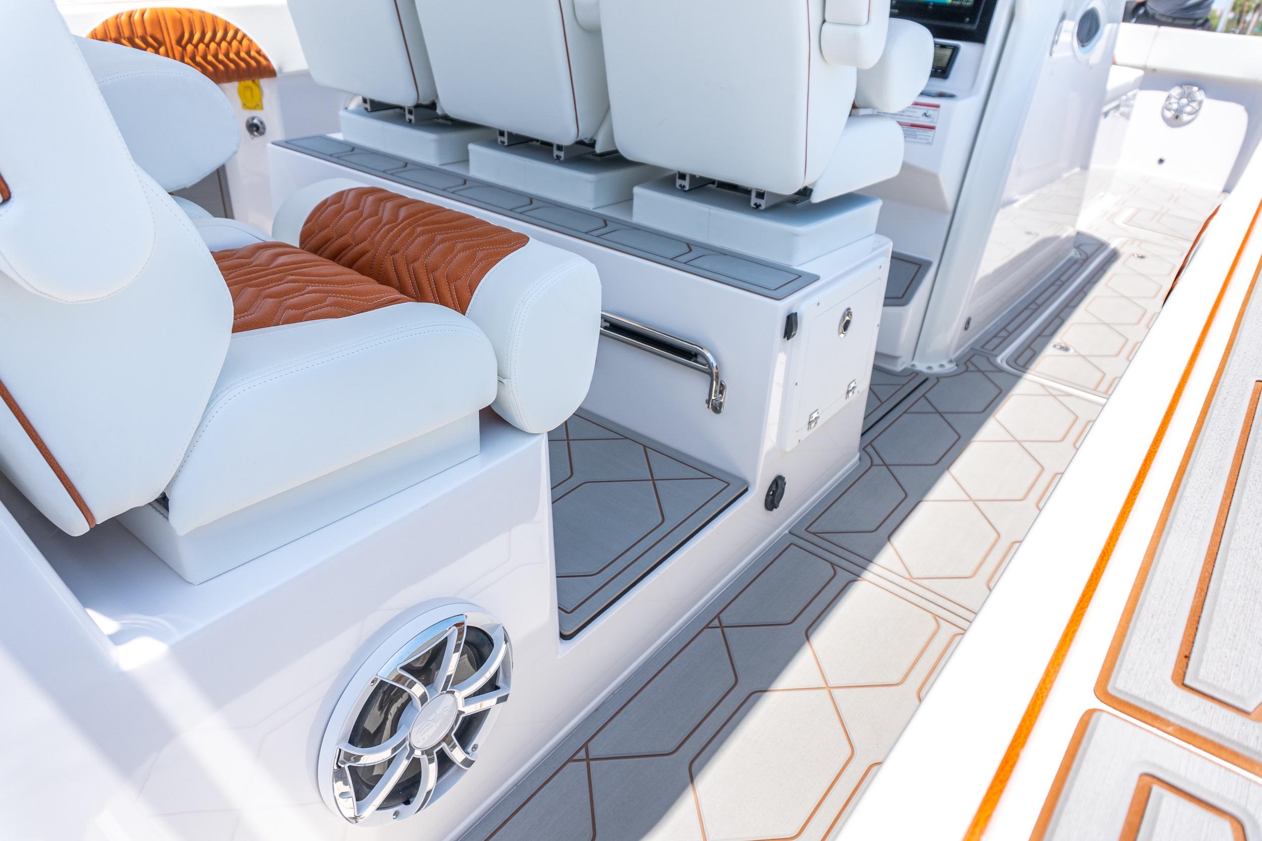 Luxurious interior of 2026 Twin Vee 400 GFX2 CC boat with plush seating.