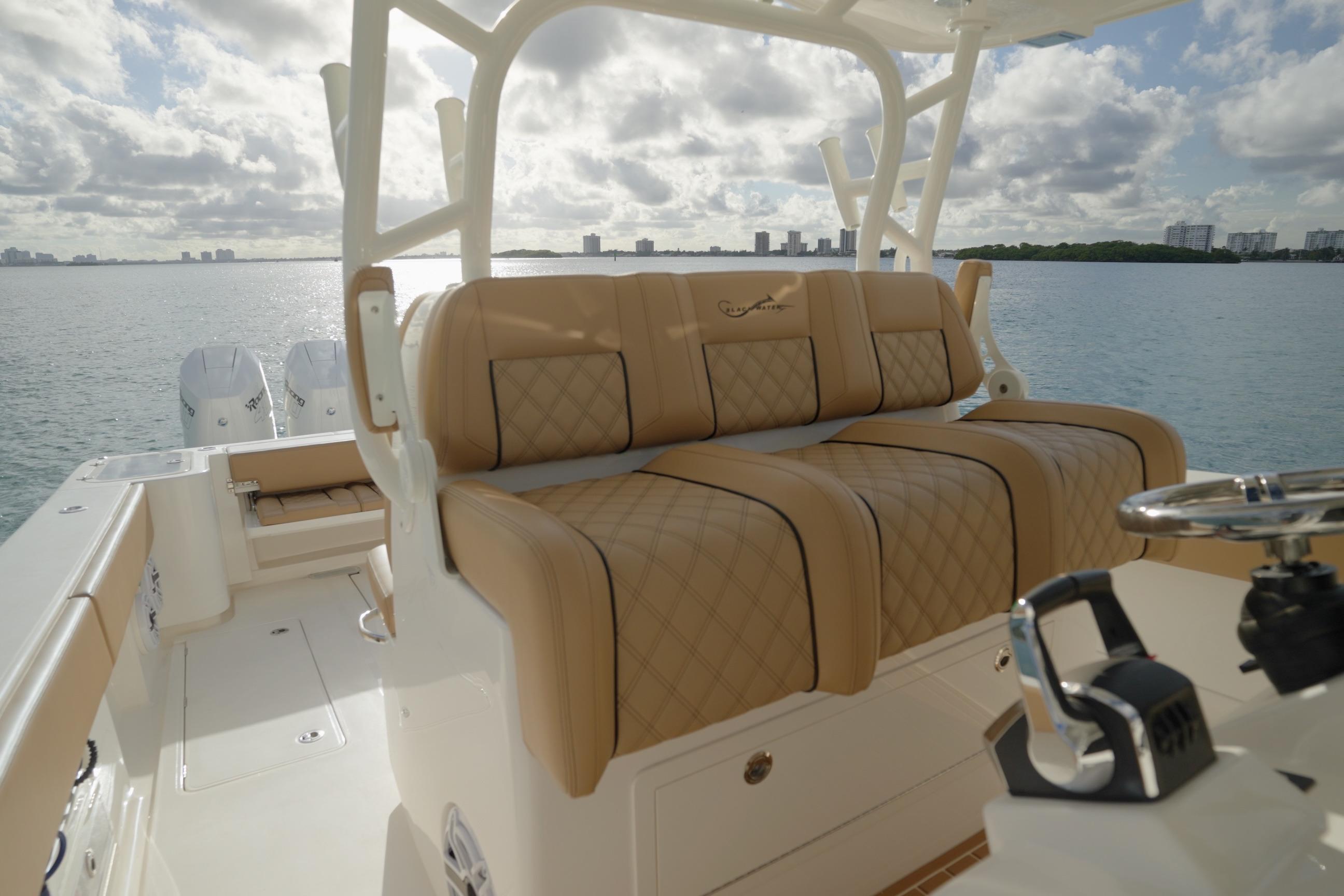 2026 Blackwater 41 Performance Fish boat interior with luxurious seating and ocean view.
