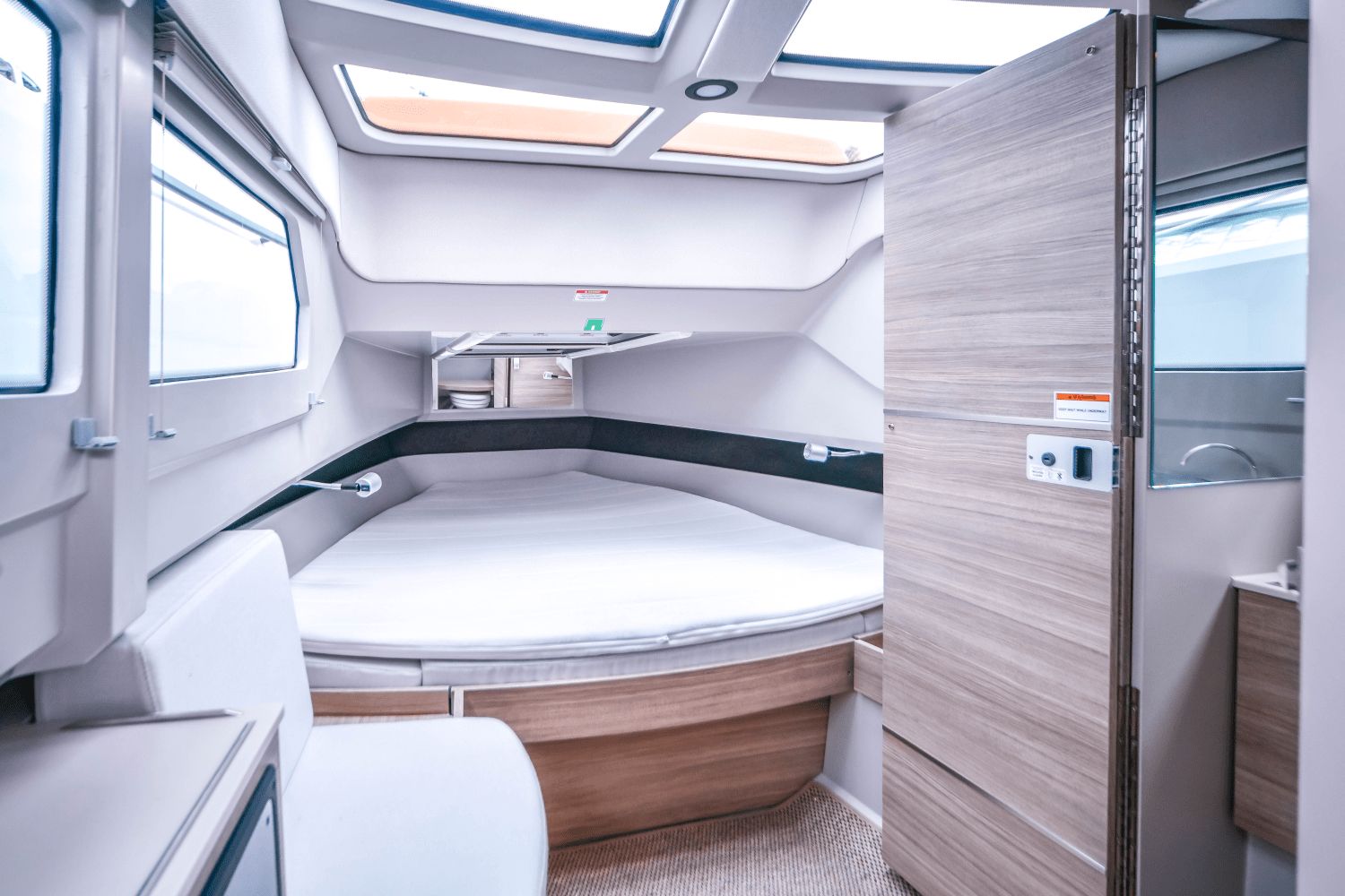 Interior of the Saxdor SX320 GTO with modern design and comfortable sleeping cabin.