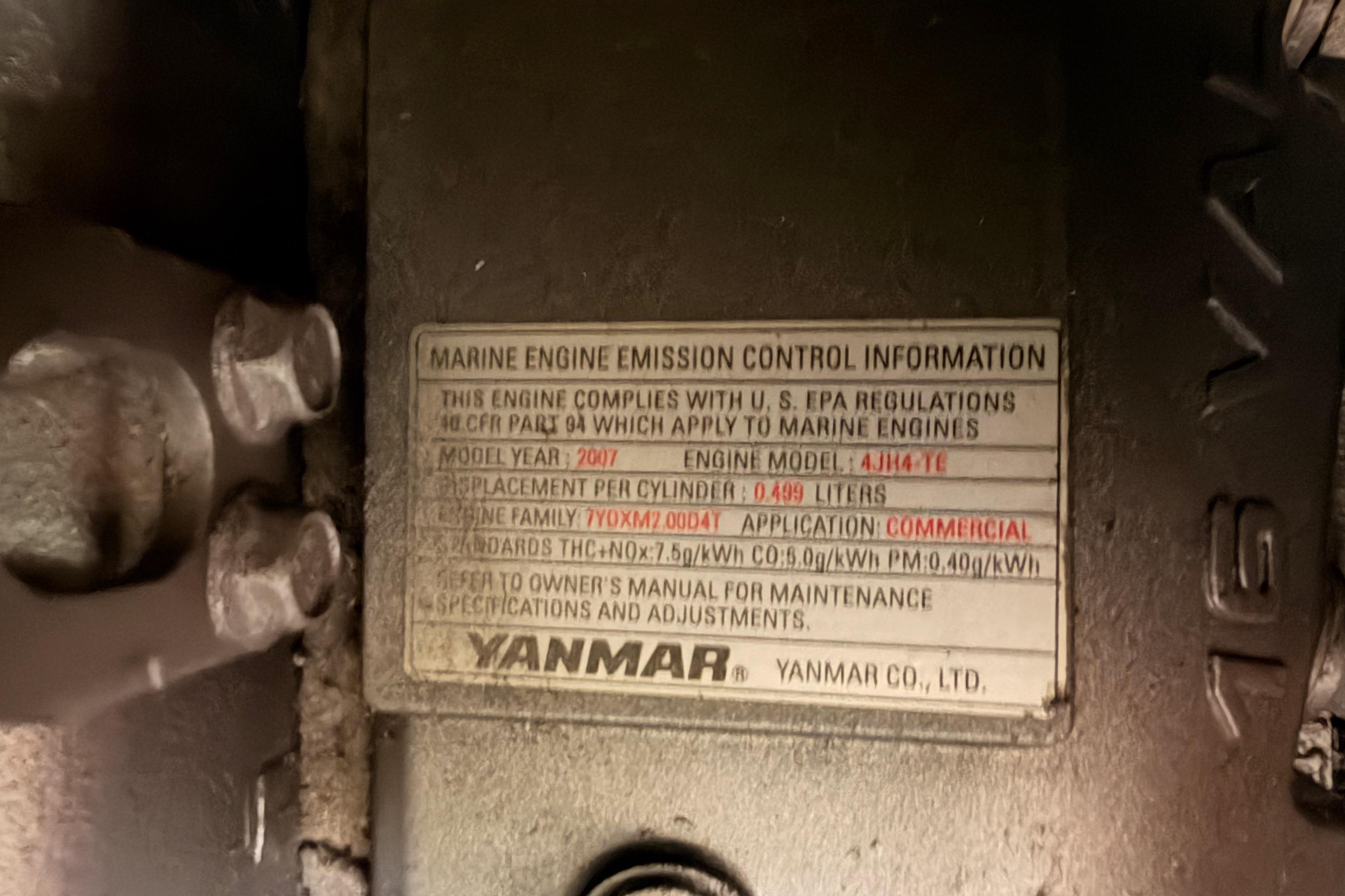 Marine engine emission control label on a Yanmar engine, model 4JH4-TE, 1991 Hylas 51.