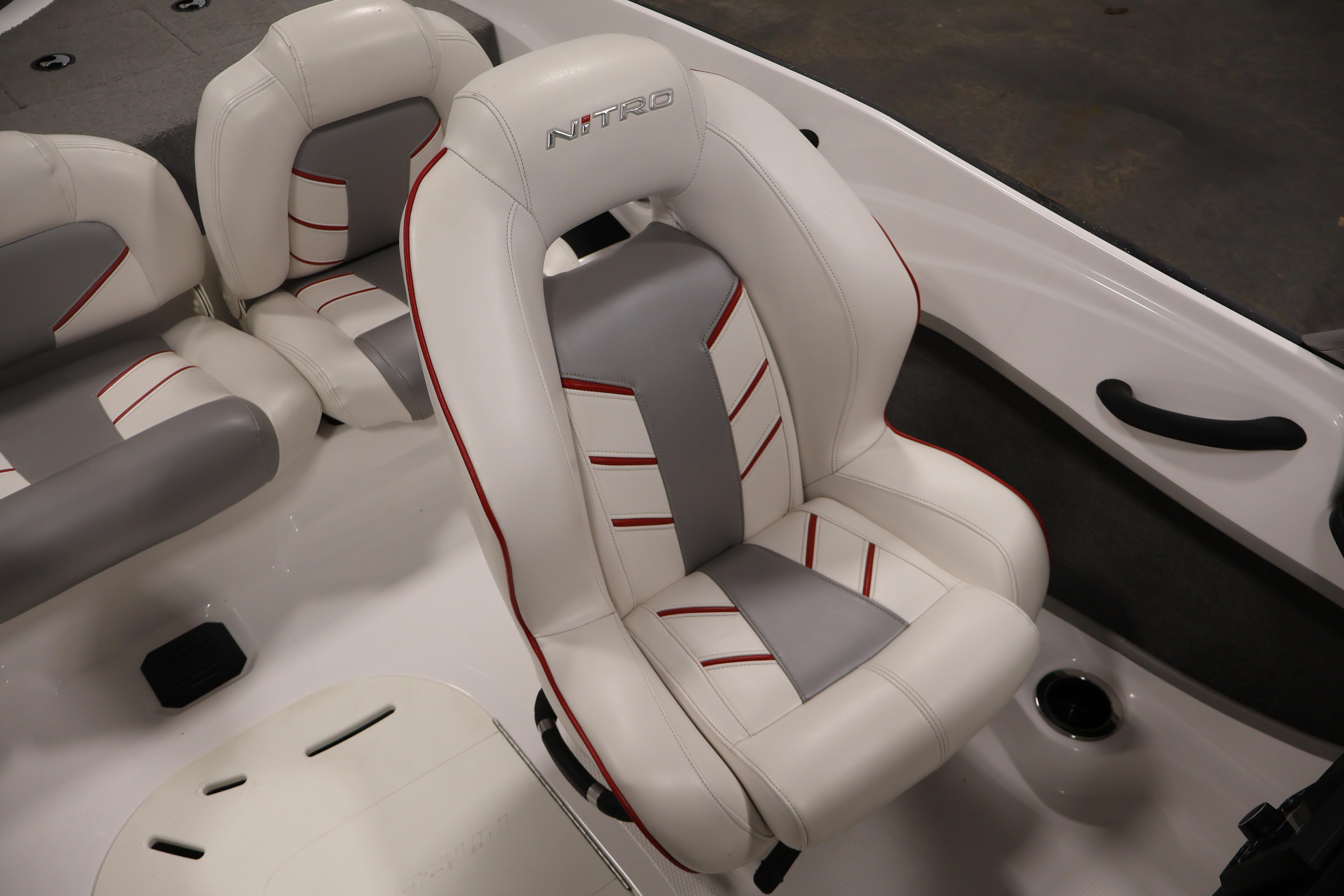 2019 Nitro Z19 Sport boat interior with white and gray seating.