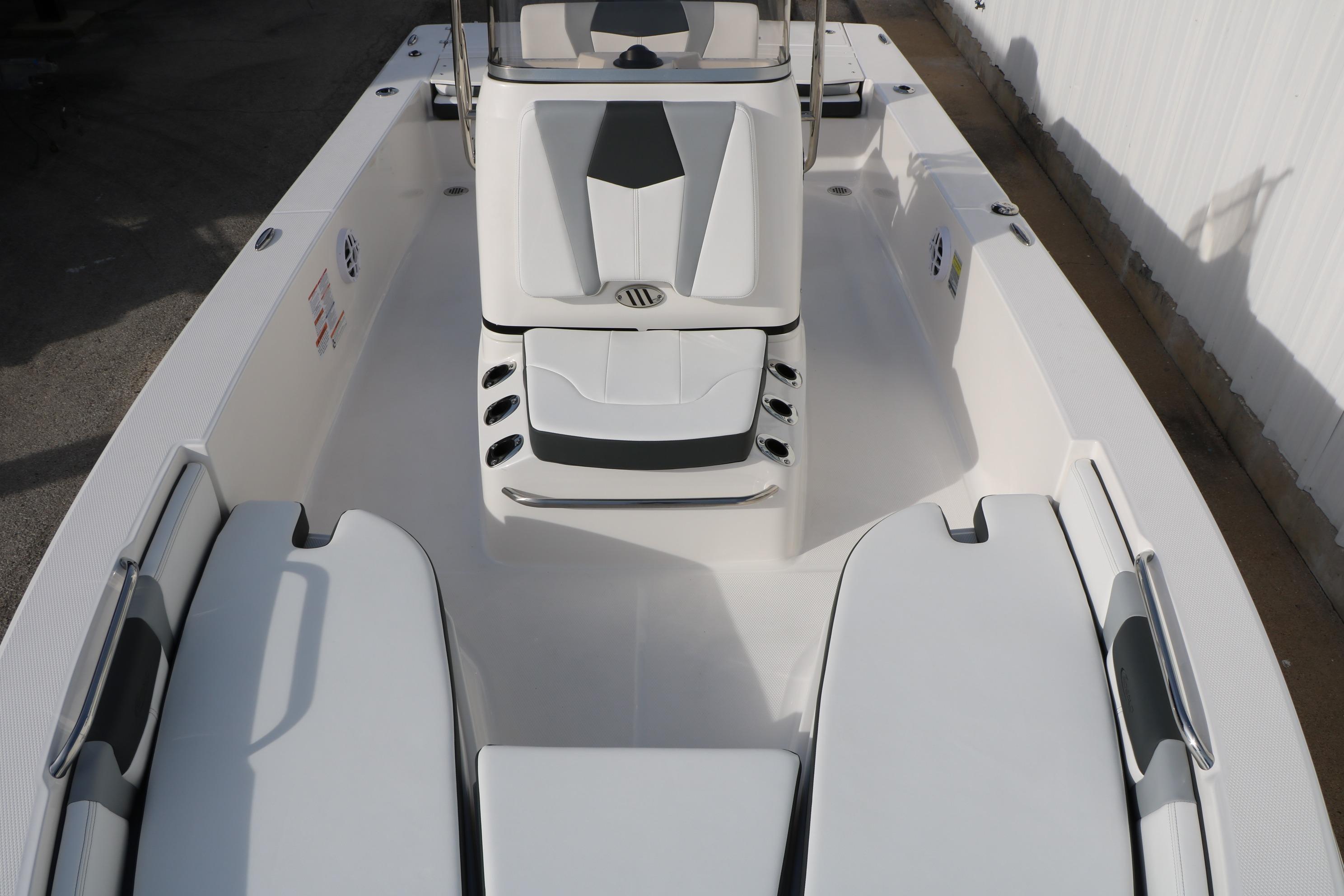 2026 Robalo 206 Cayman boat interior with sleek seating and modern design.