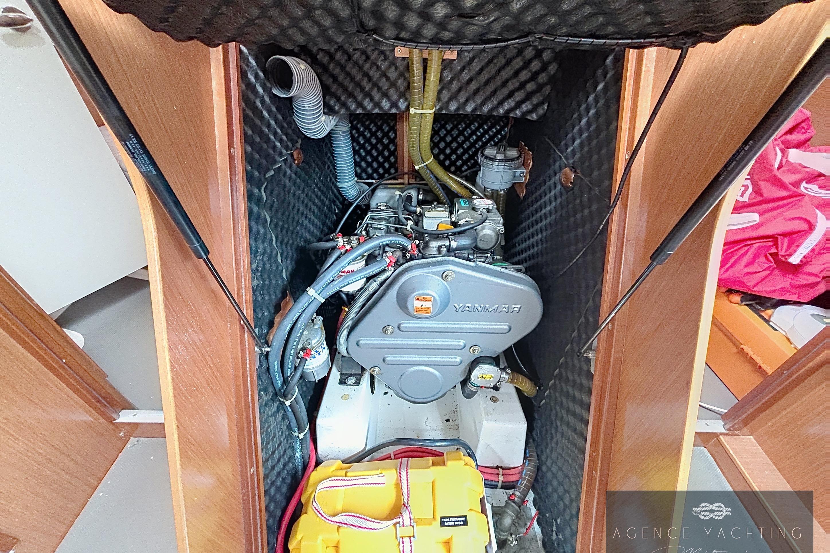 Engine compartment of a 2008 Beneteau Oceanis 40 sailboat, featuring a Yanmar engine.