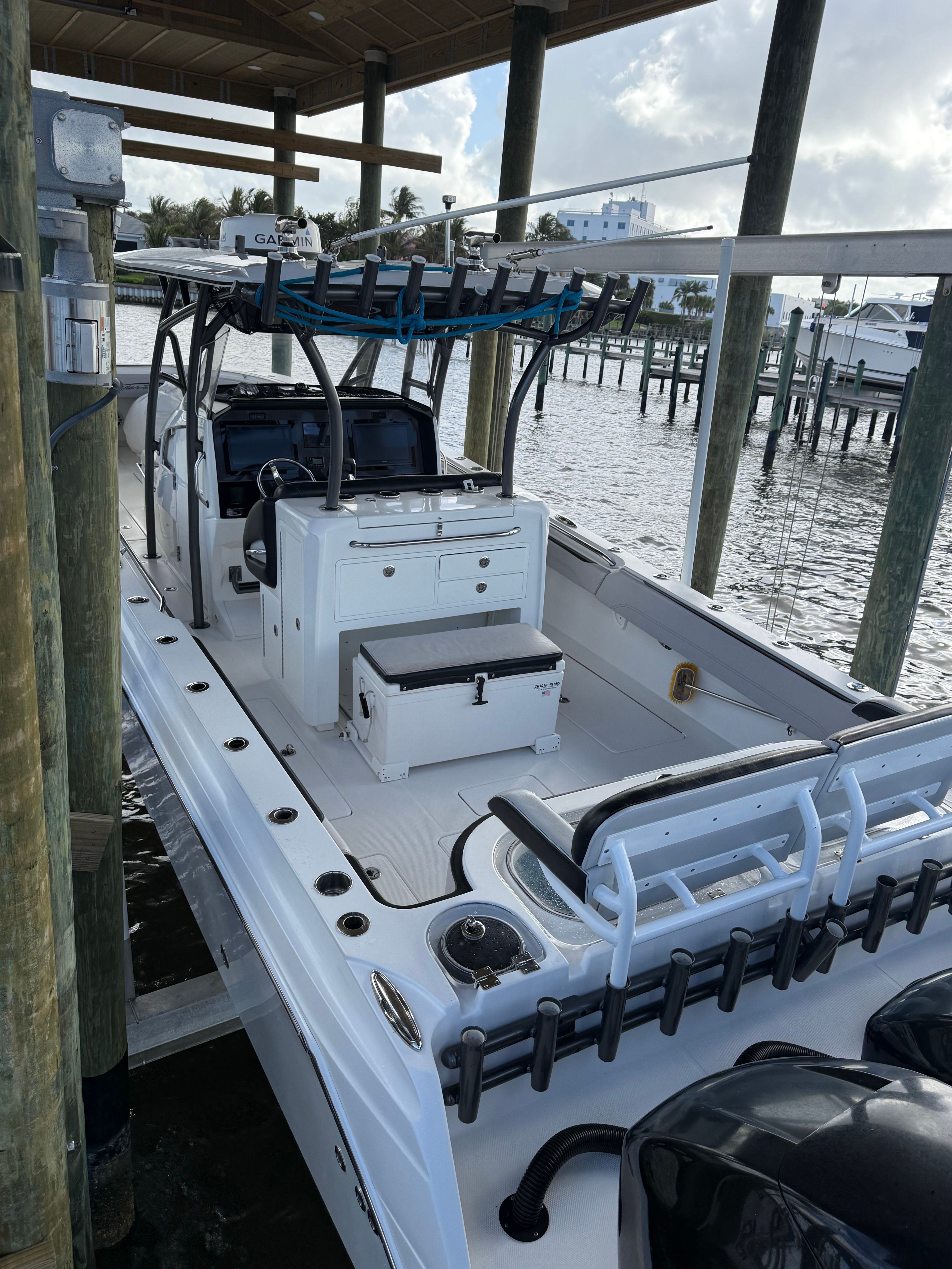 2018 Nor-Tech 392 Super Fish boat docked at marina.