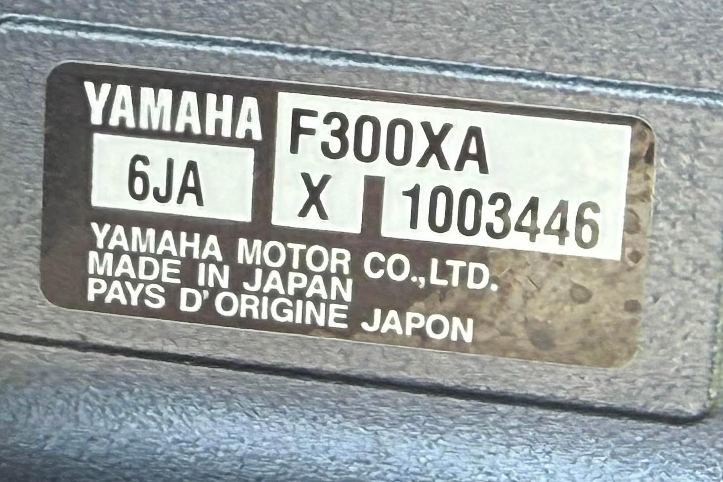Label on Yamaha F300XA engine, made in Japan, on Godfrey SWEETWATER 2486, 2022 model.