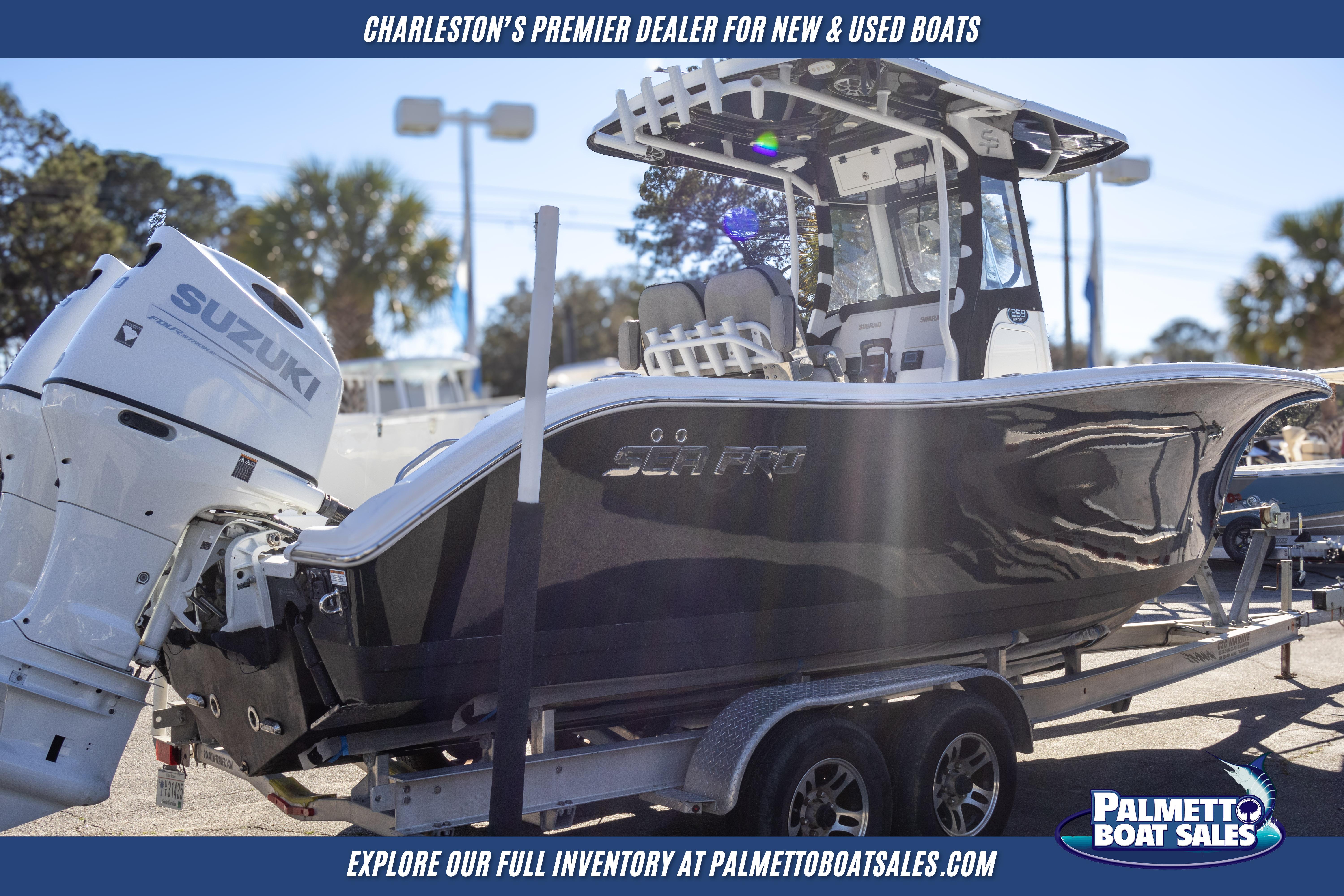 2022 Sea Pro 259 Center Console boat with Suzuki engine on trailer.