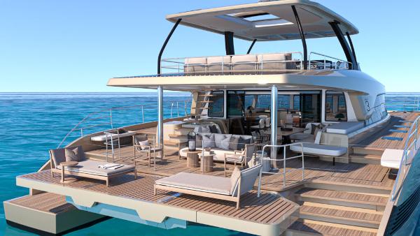 Luxurious 2025 Lagoon 83 yacht with spacious deck and modern design on open sea.