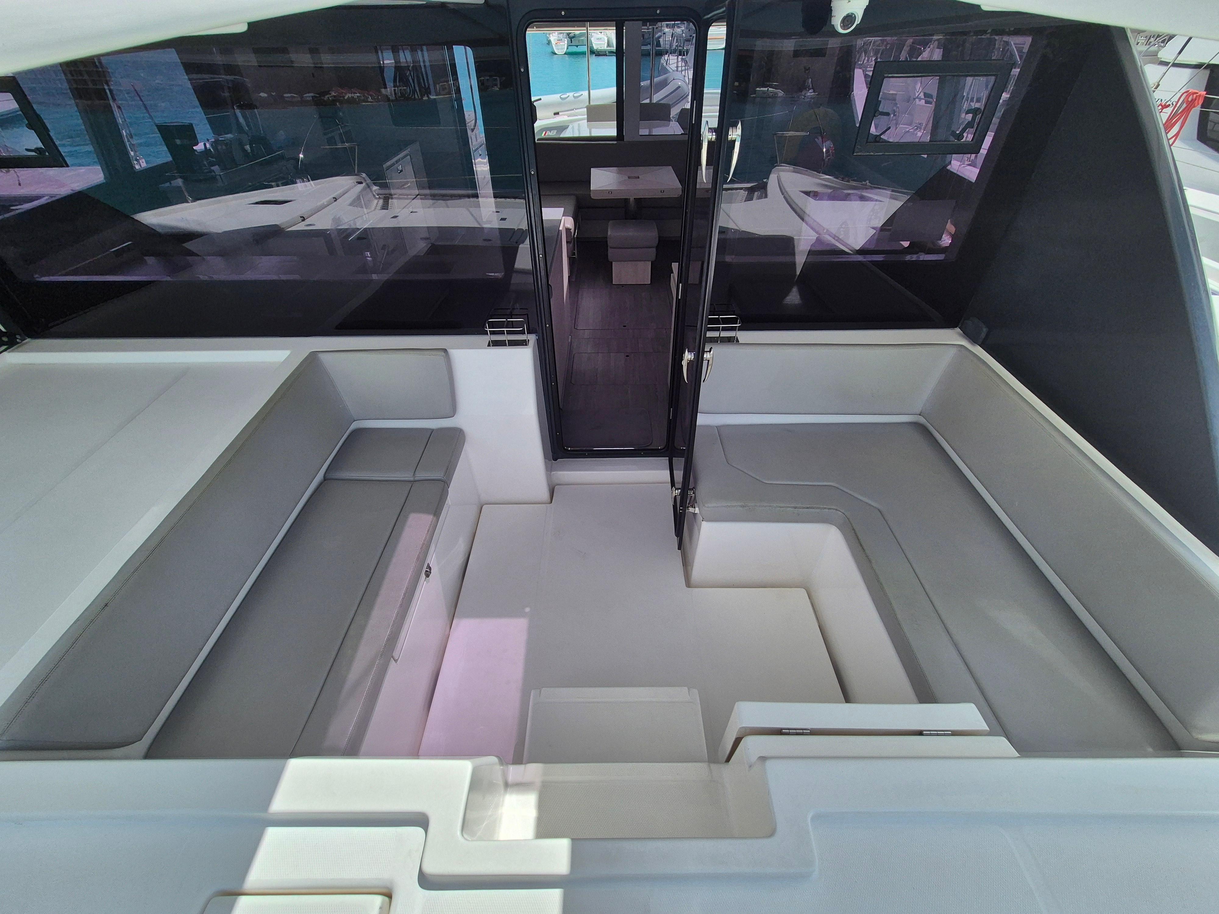 Luxurious interior of a 2020 Leopard 50 yacht, featuring spacious seating and modern design.