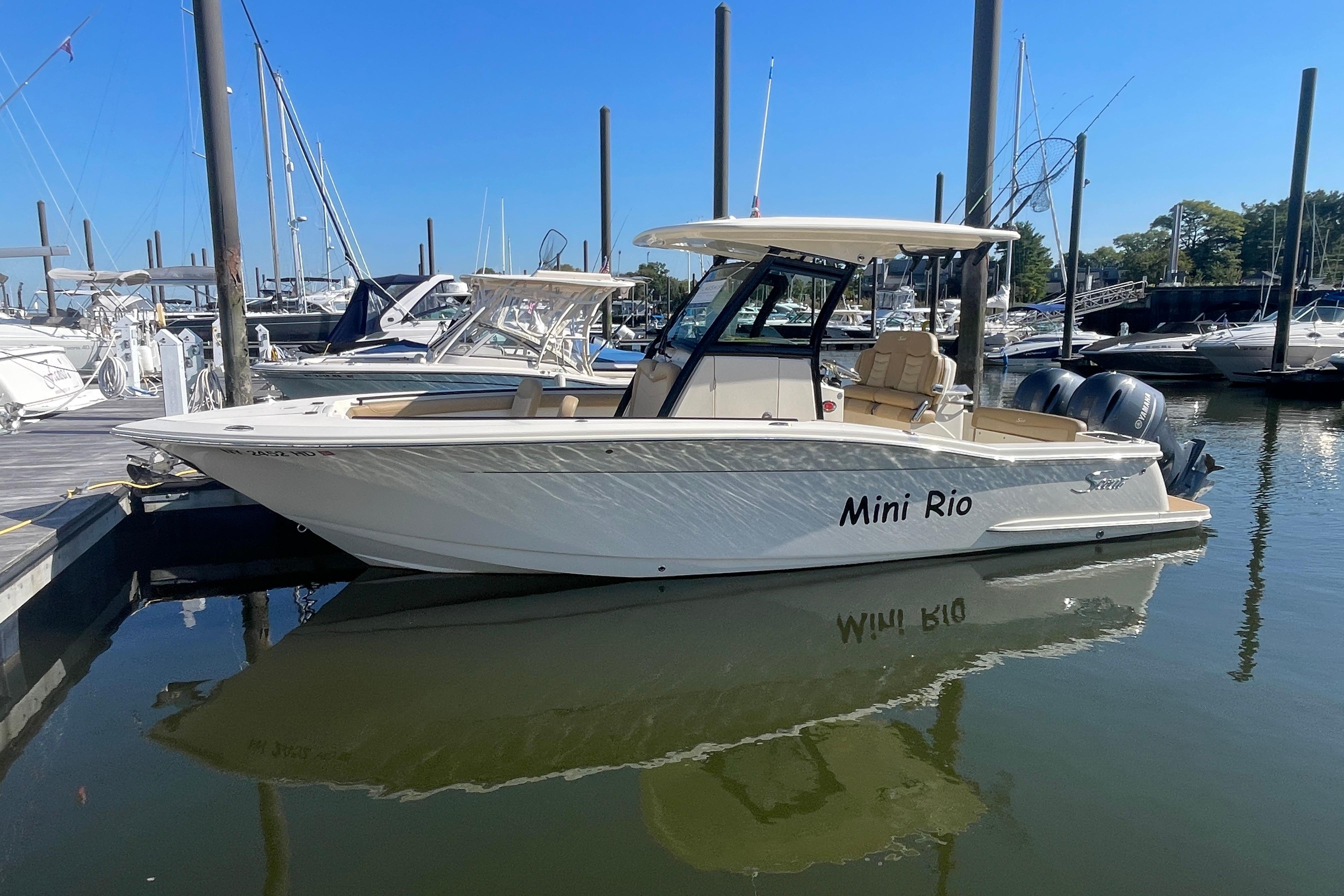 2020 Scout 255 LXF boat named "Mini Rio" docked at a marina.