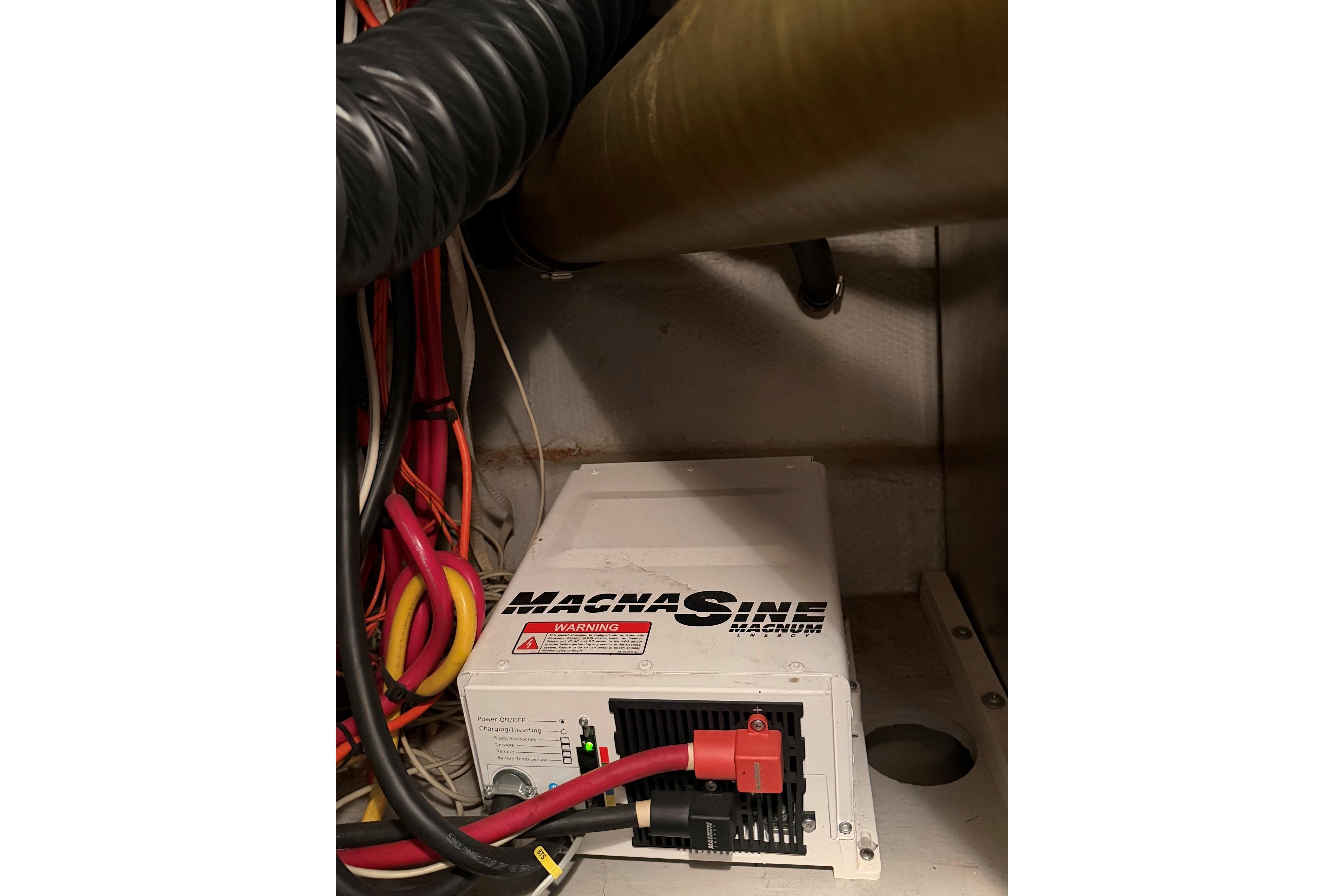 Magnum inverter in 2004 Silverton 39 Motor Yacht engine compartment with wiring.