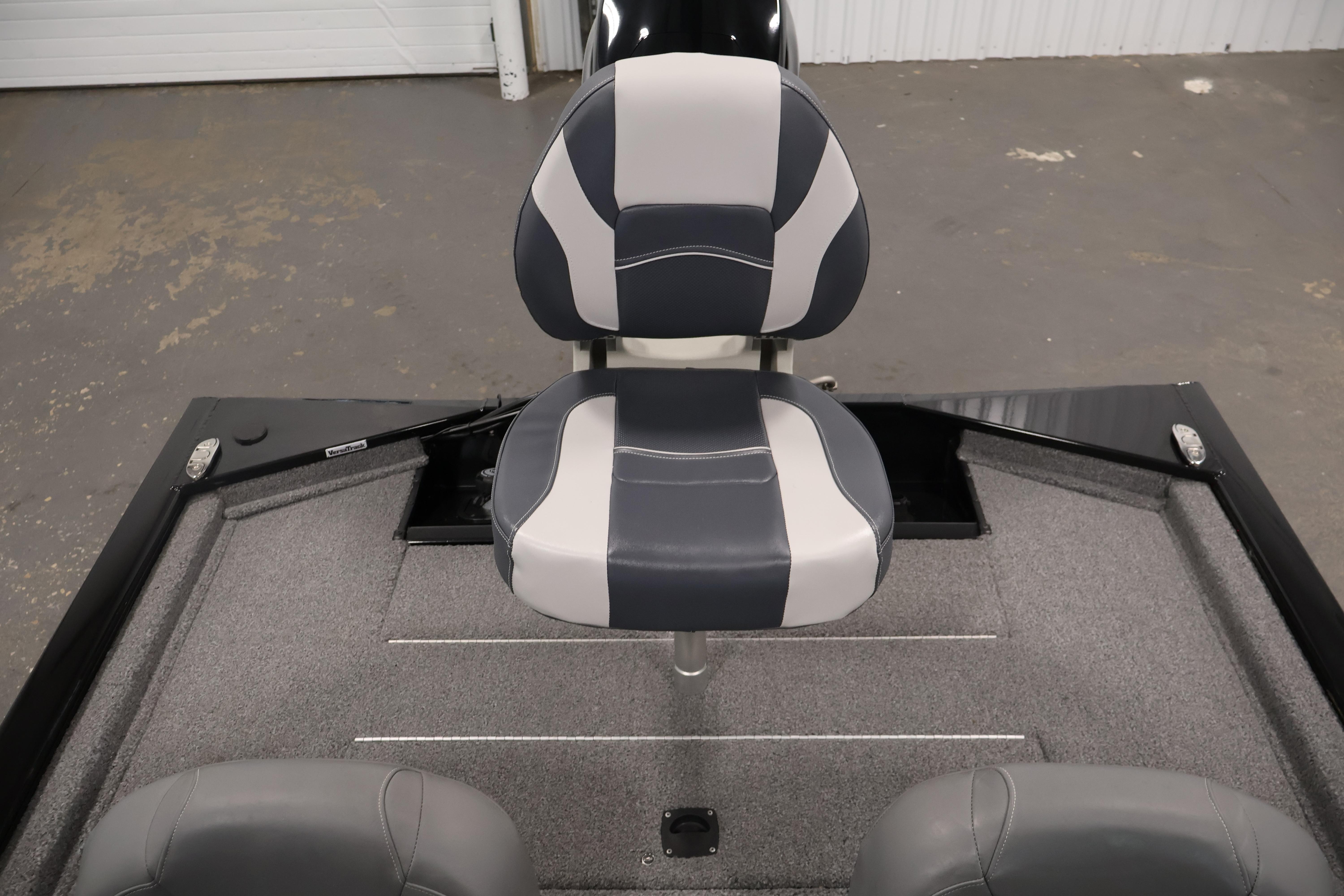 2024 Tracker Pro 170 boat interior with gray and white seating.