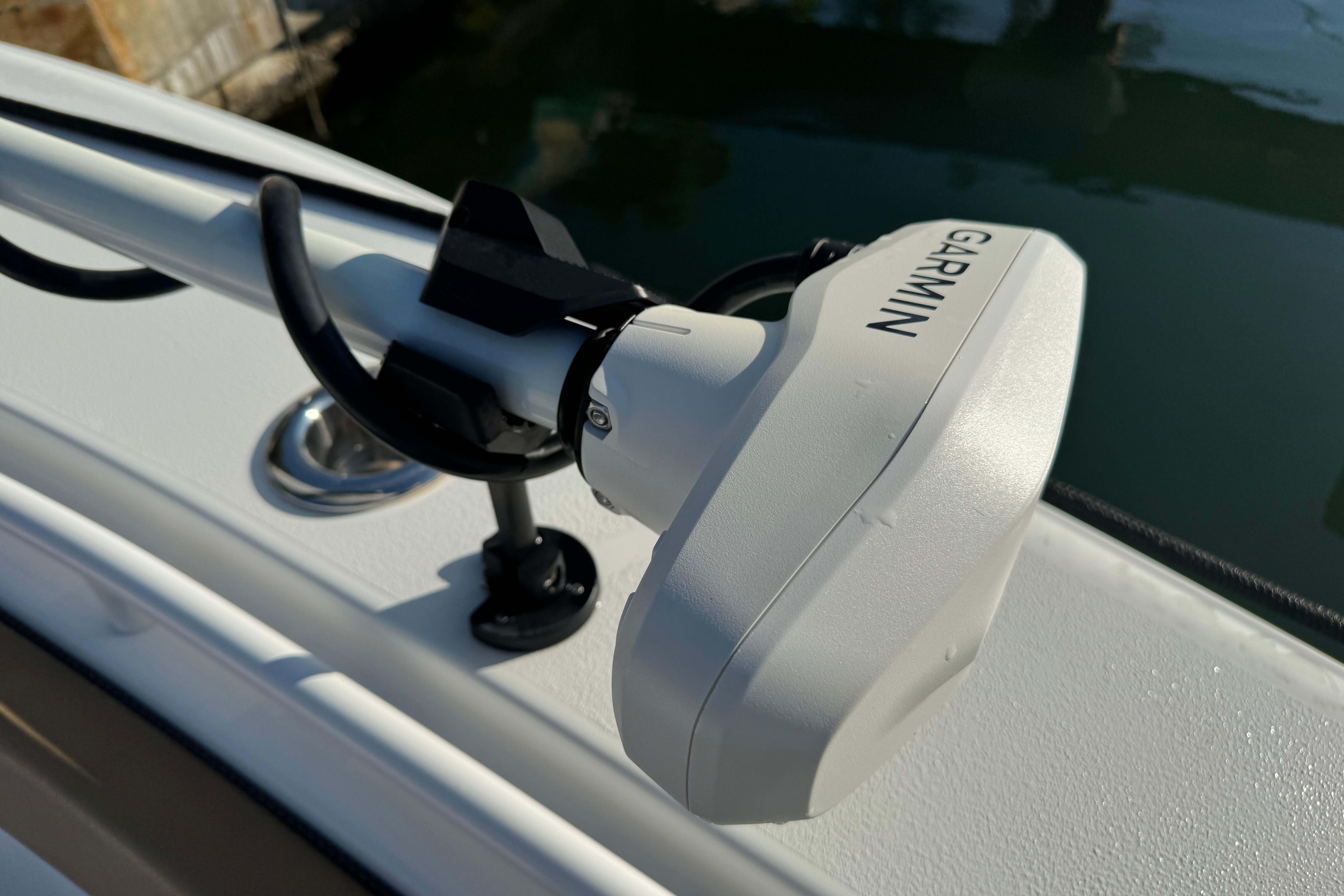 Garmin device on 2021 Sea Hunt Gamefish 30 boat, close-up view.