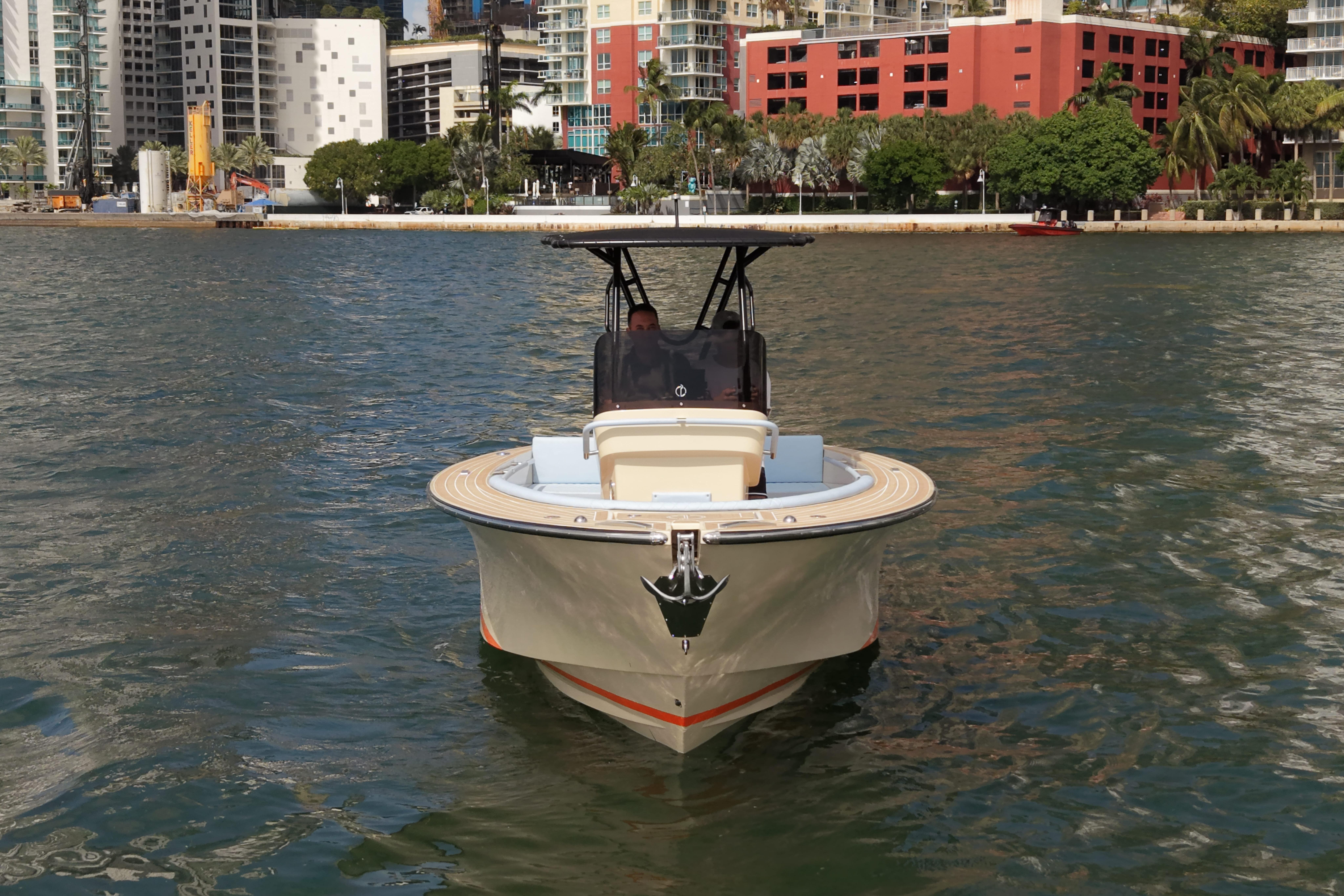 Lilybaeum Levanzo 25 boat on water, urban skyline background, 2026 model.