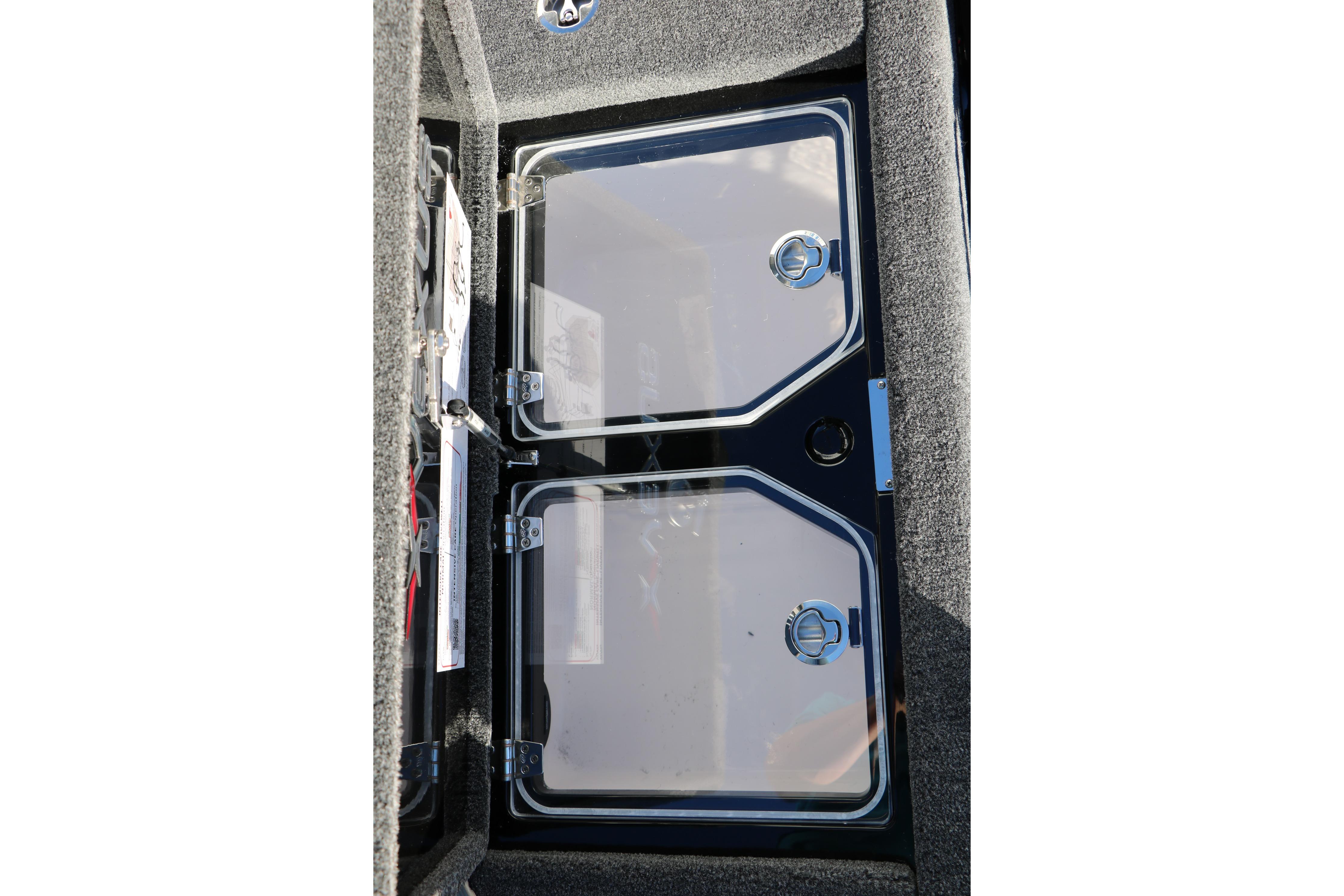 2026 Vexus VXs21 boat storage compartments with clear lids and secure latches.