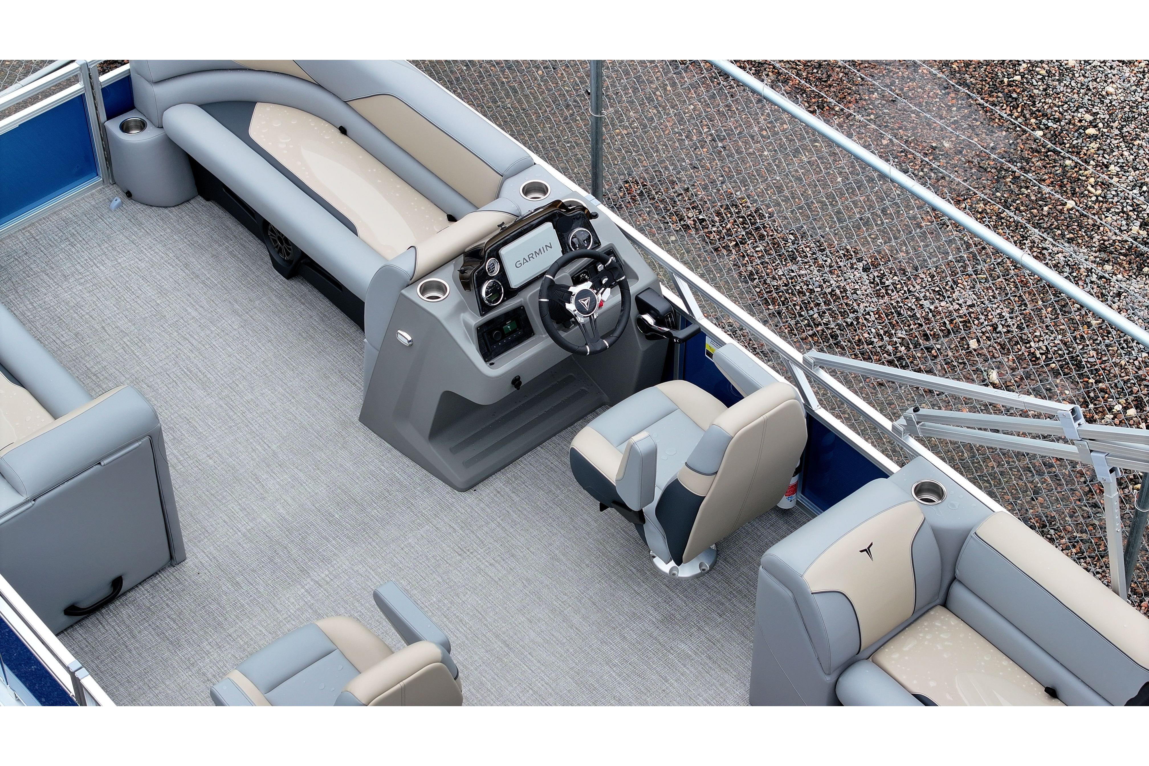 2026 Tahoe Pontoon Sport 85 Quad Lounger interior with modern seating and navigation system.