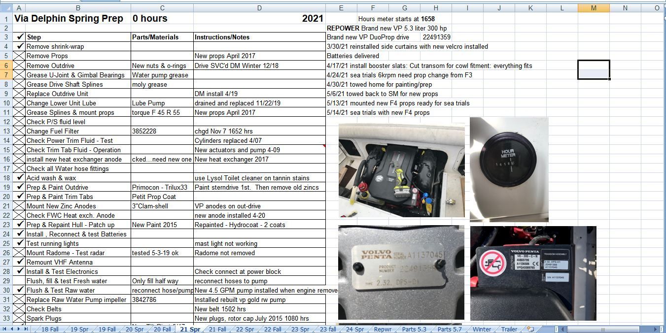 Excel spreadsheet with maintenance log and photos of boat details.