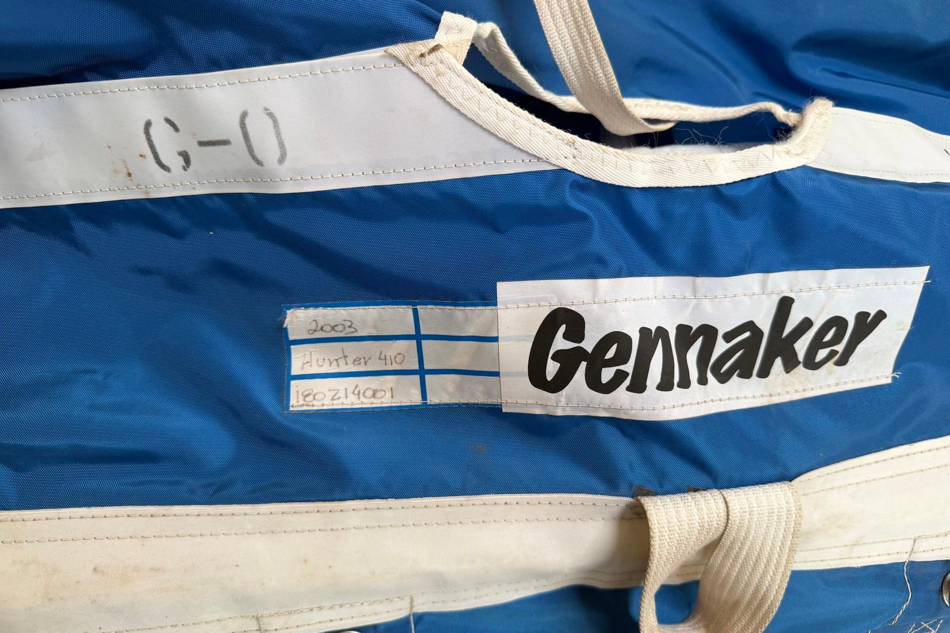 Blue gennaker sail bag labeled for Hunter 410, 1998 model.