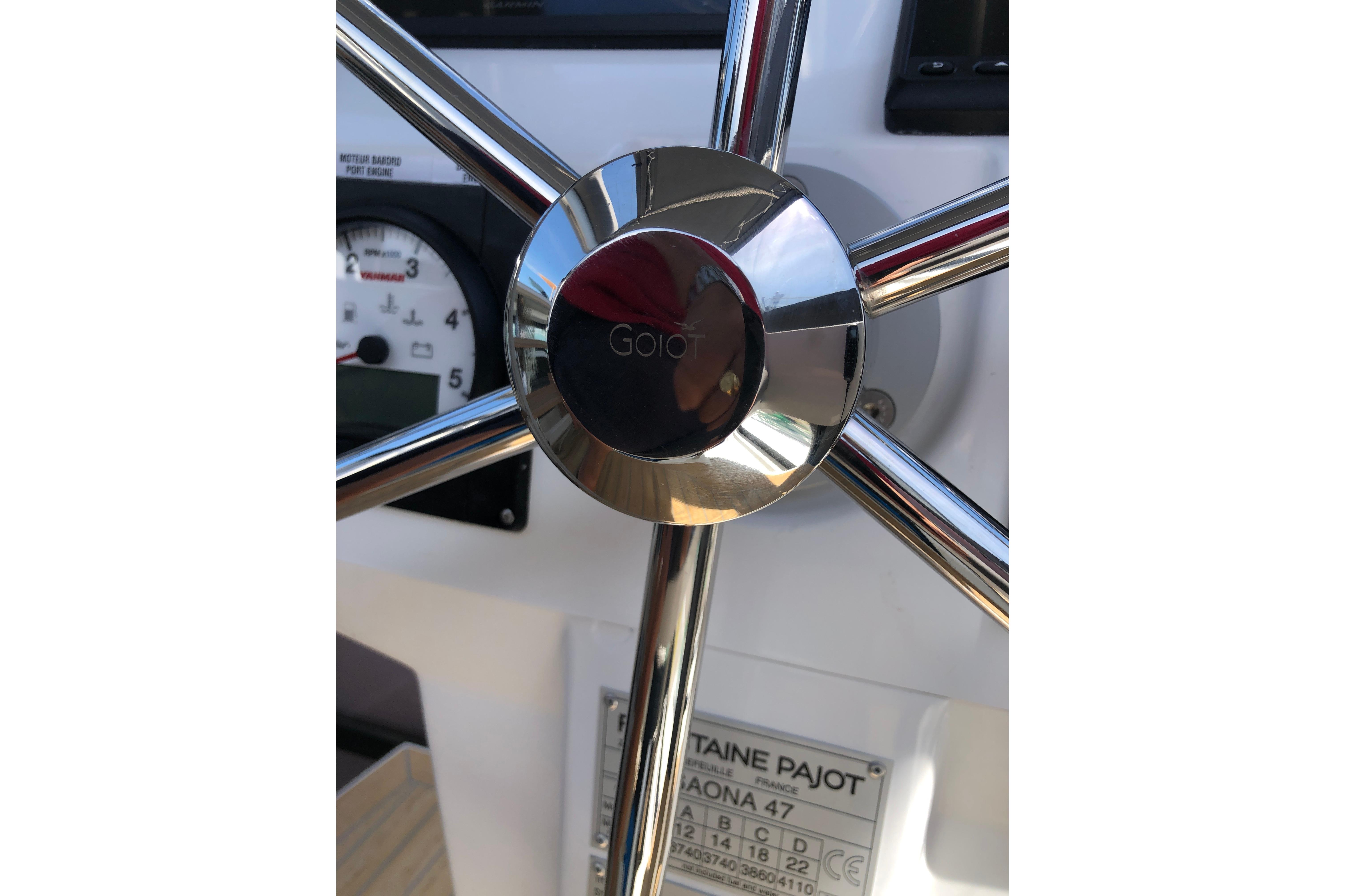 Steering wheel of 2020 Fountaine Pajot Saona 47 catamaran with control panel.