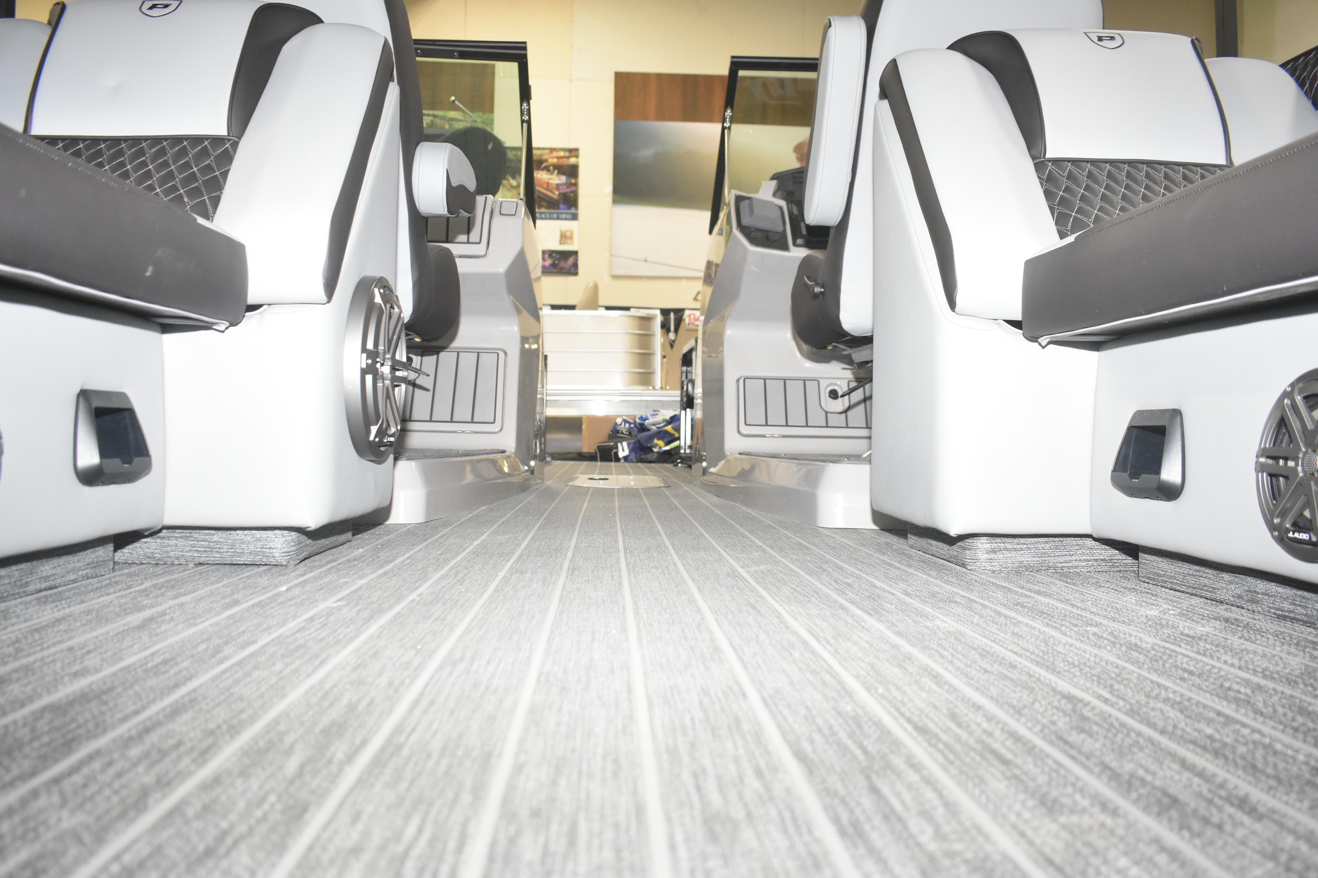 Interior view of 2026 Premier 250 Solaris Sport boat with sleek seating and modern design.
