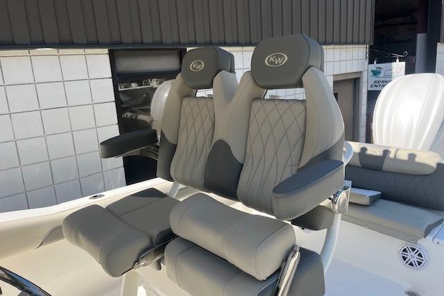 2026 Key West 239 FS boat seats with gray upholstery and KW logo.