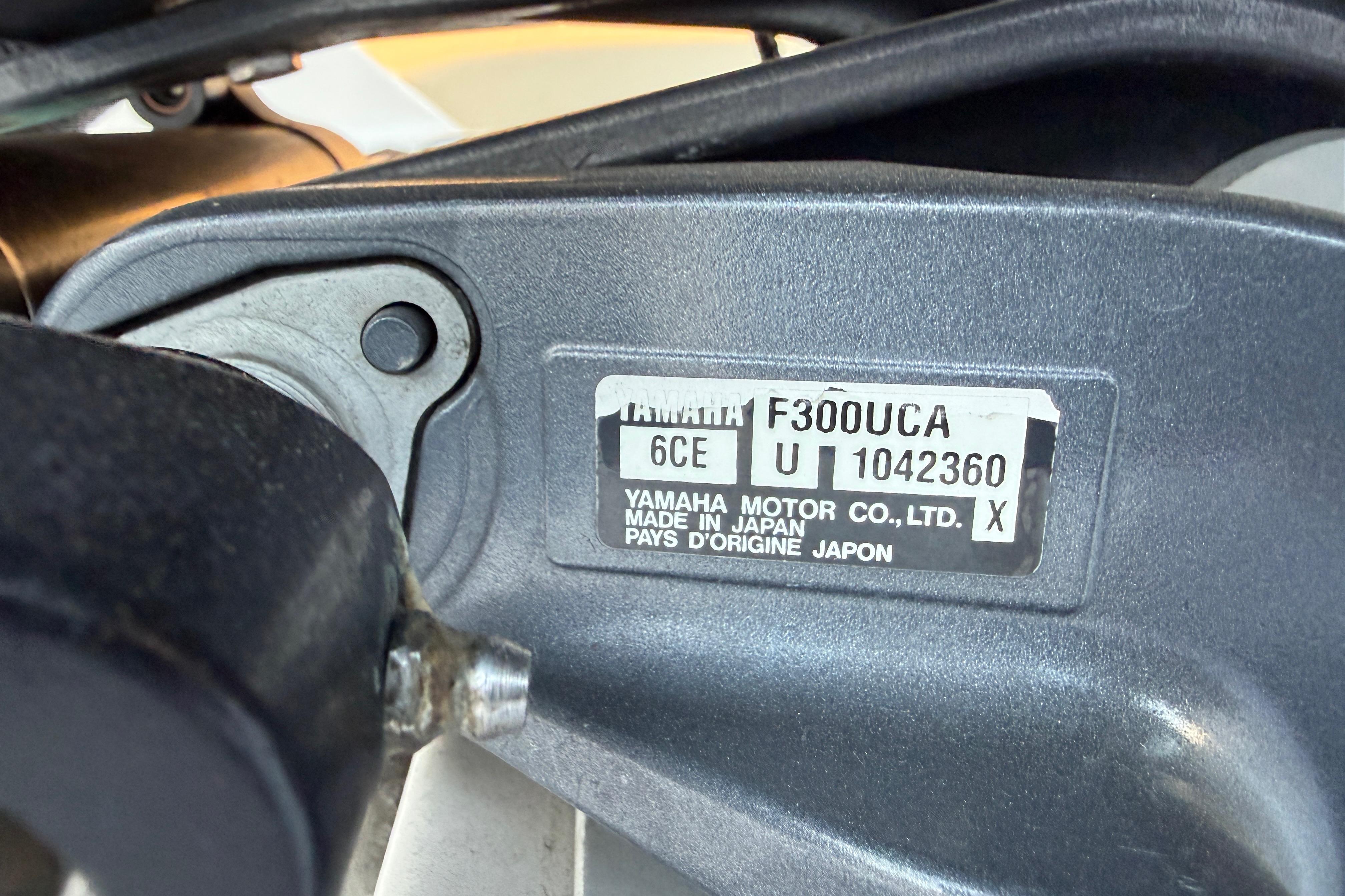 Yamaha F300UCA engine label on 2018 Robalo R242 Center Console boat.