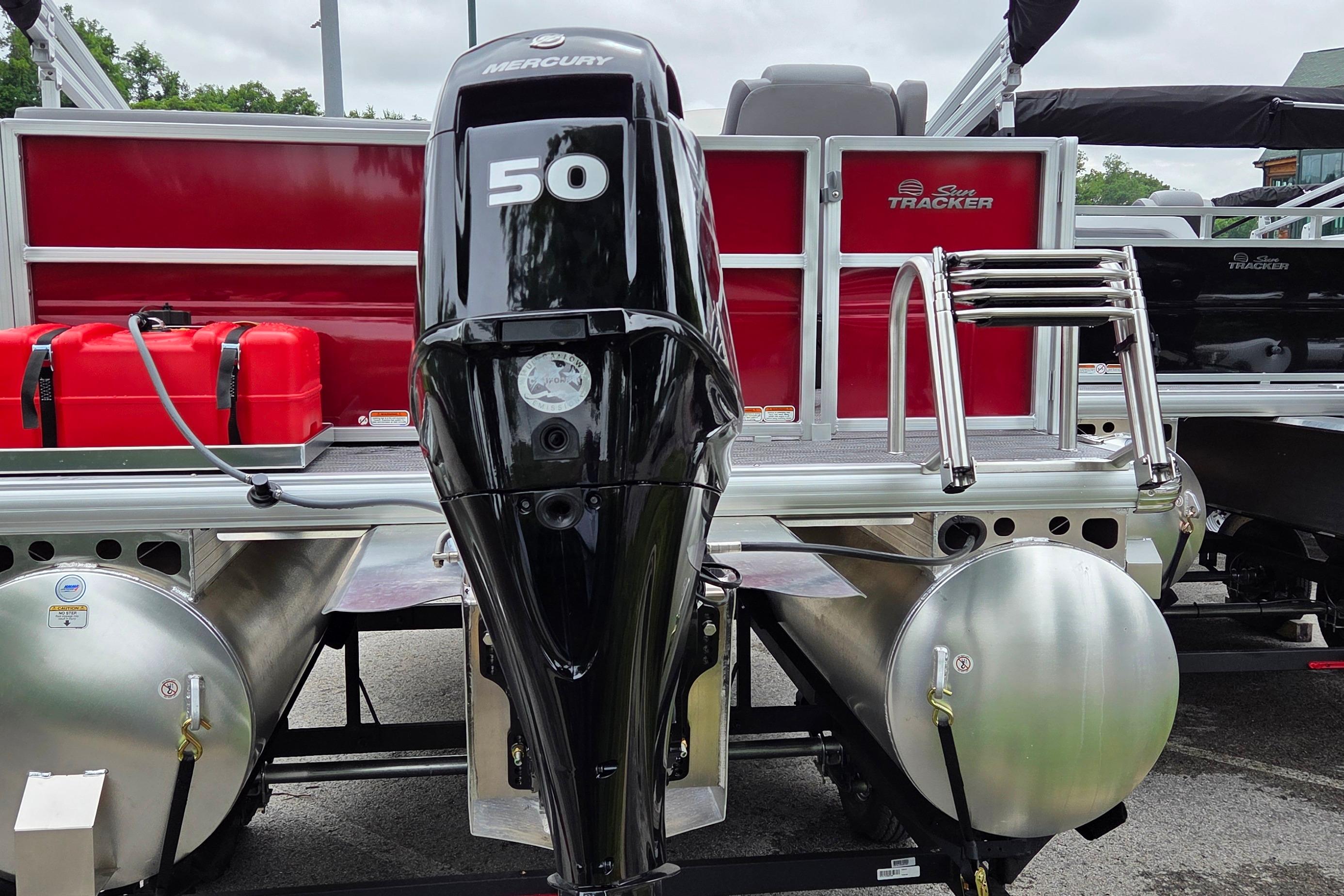 2026 Sun Tracker Party Barge 16 DLX with Mercury 50 outboard motor, rear view.
