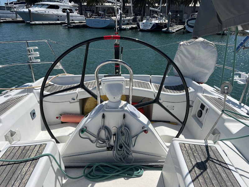 Cockpit of a 2000 Beneteau First 40.7 sailboat in harbor.