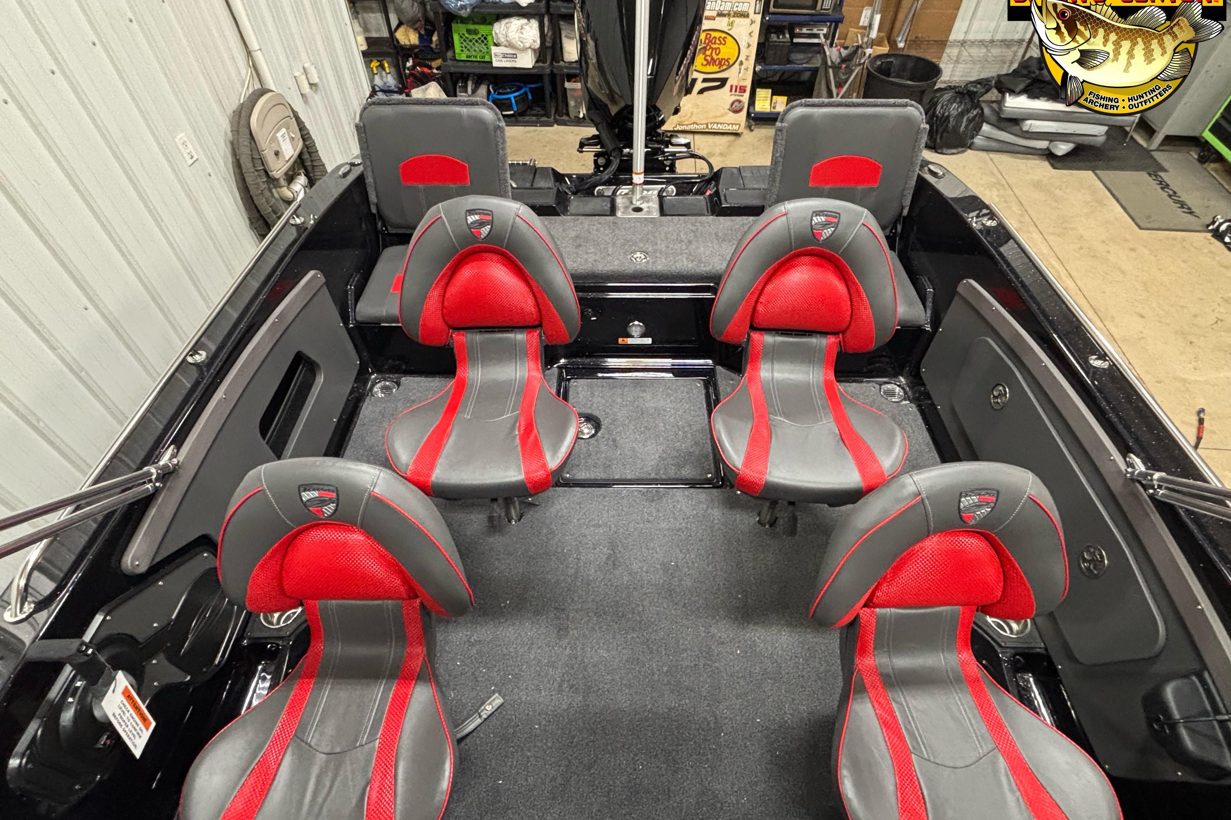 2026 Triton 206 Allure boat interior with red and gray seating, showcasing spacious design.