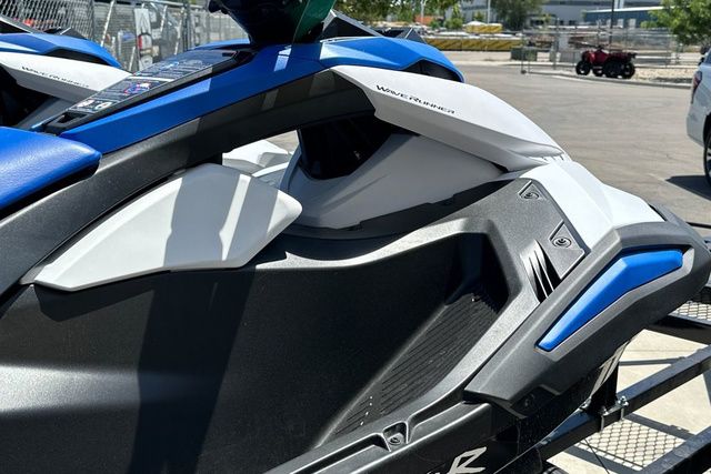 Close-up of a Yamaha WaveRunner Jetblaster in black and blue, parked on a trailer.