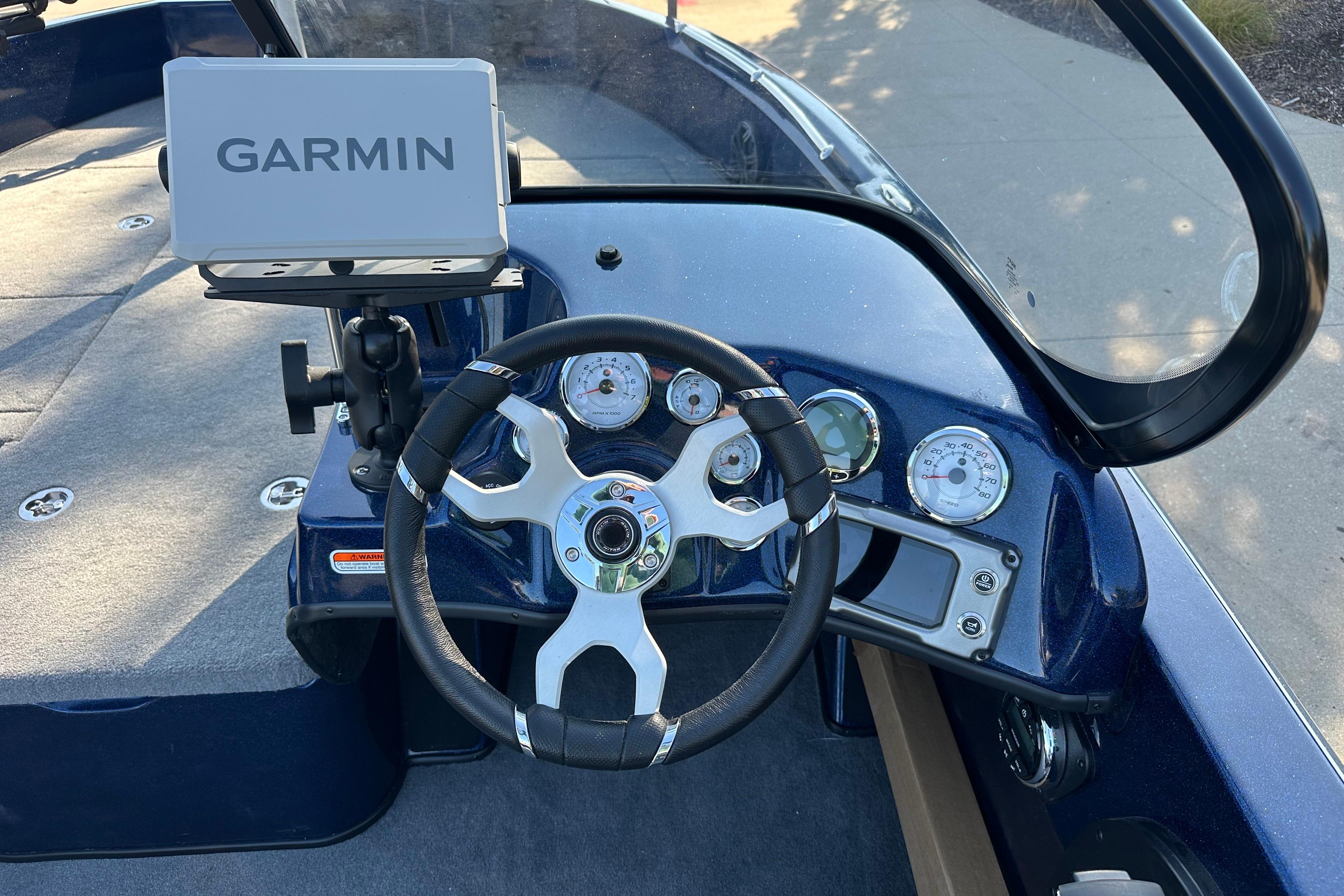 Steering console of 2026 Nitro ZV19 Sport Pro boat with Garmin navigation system.