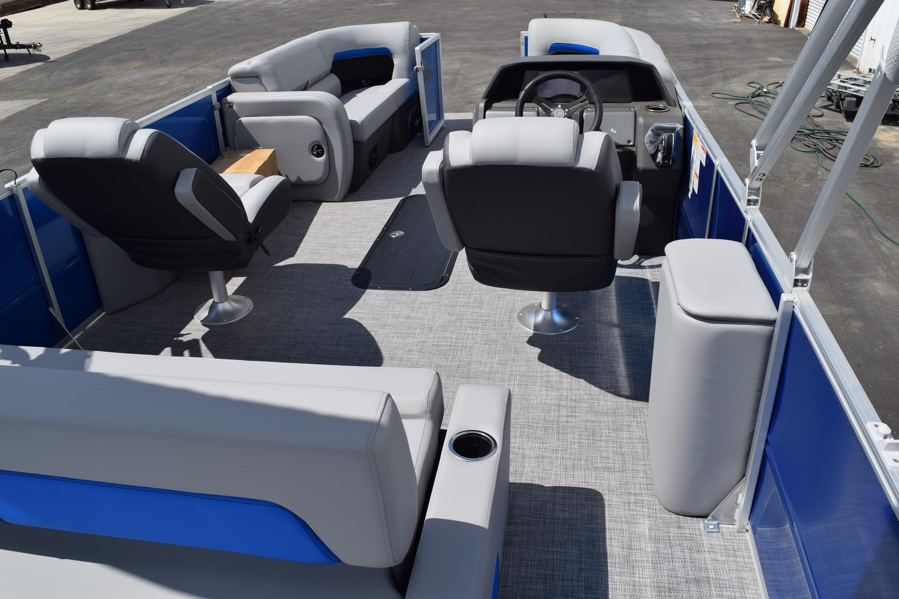 Interior of 2026 Sun Tracker Party Barge 22 RF XP3, featuring spacious seating and modern design.