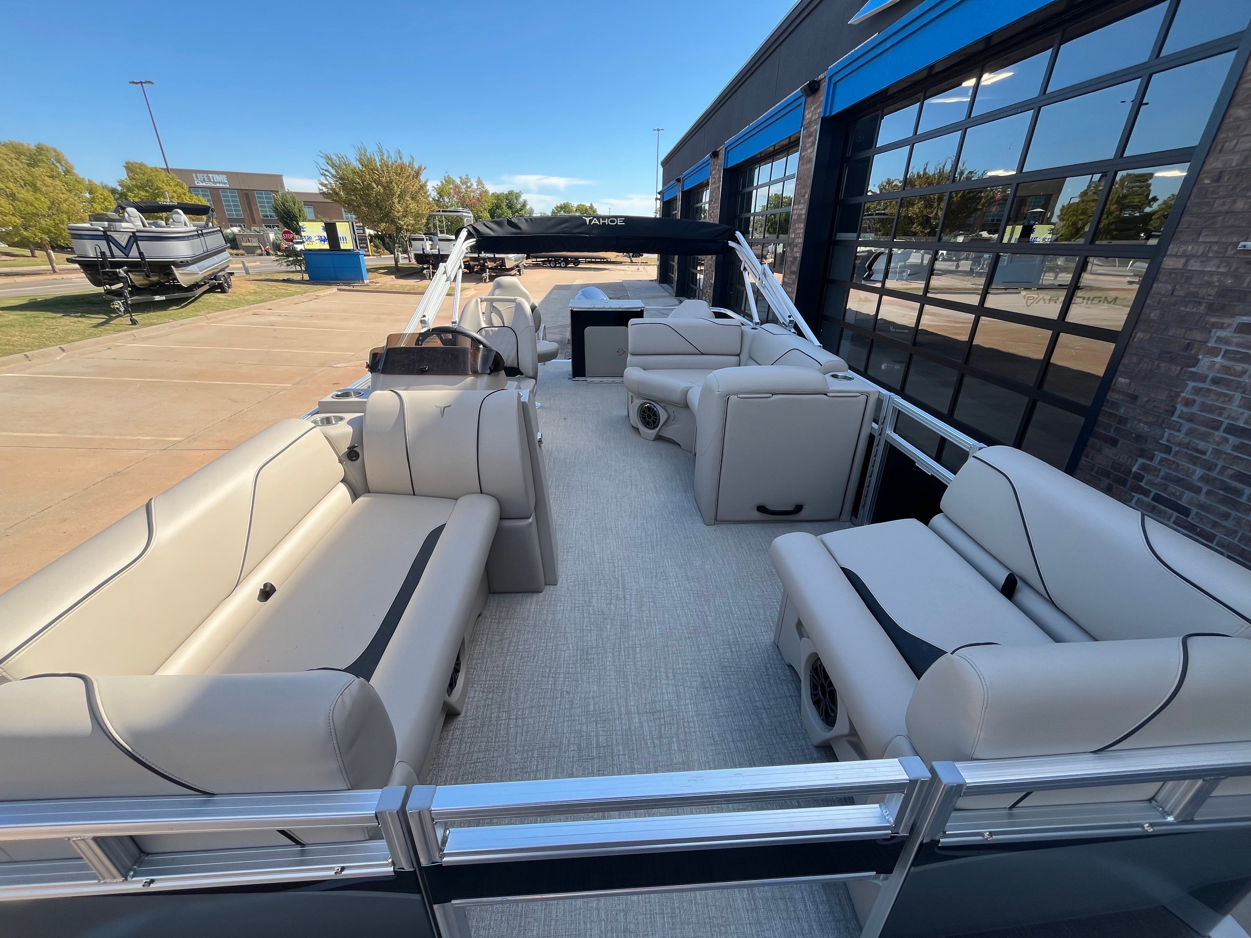 Interior view of 2026 Tahoe 1925 Sport Rear Fish pontoon boat.