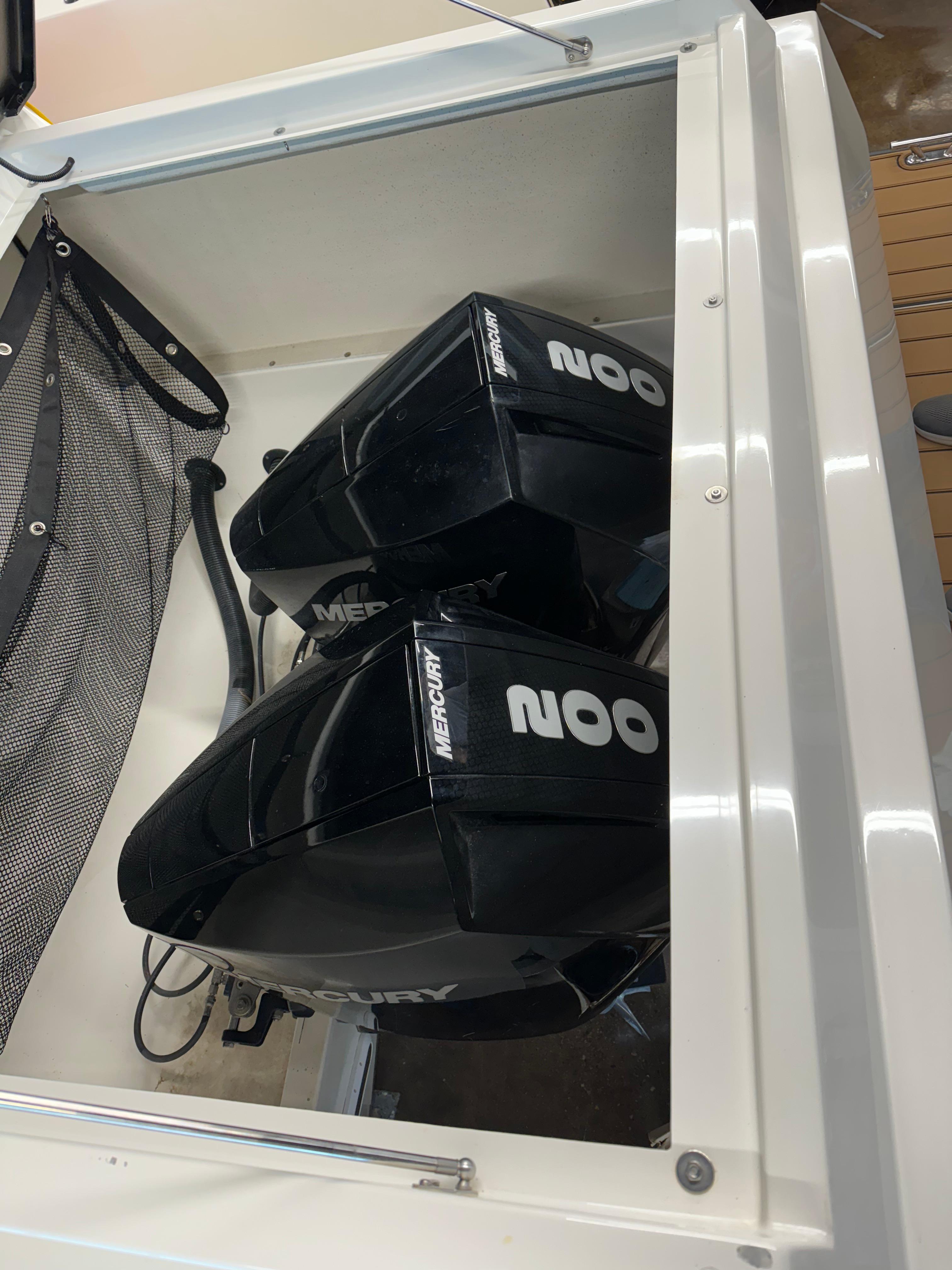 Twin Mercury outboard engines on a 2020 De Antonio Yachts D 28.